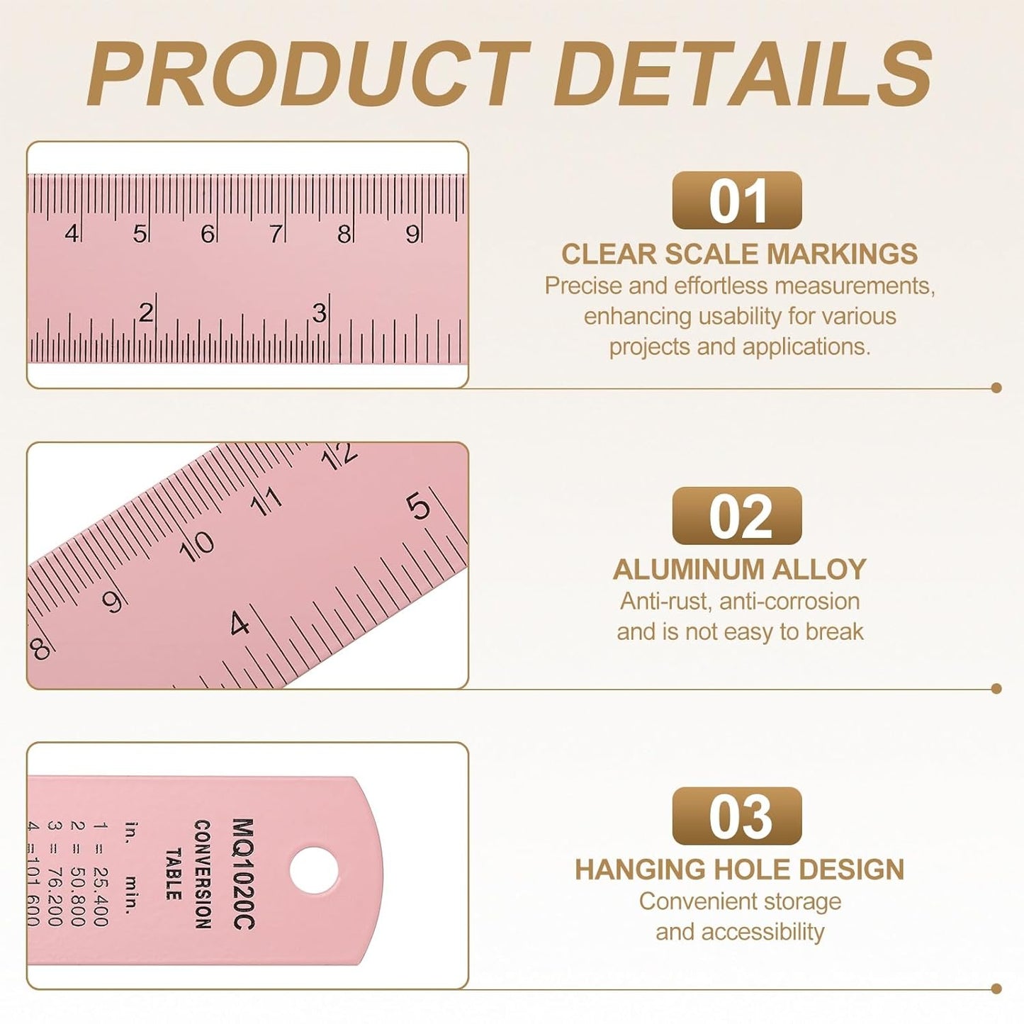 HARFINGTON 4pcs Metal Straight Ruler 15cm Metric SAE Aluminum Alloy Measuring Rulers Scale Tool with Hole for Measure Study Reading Classroom Office, Pink