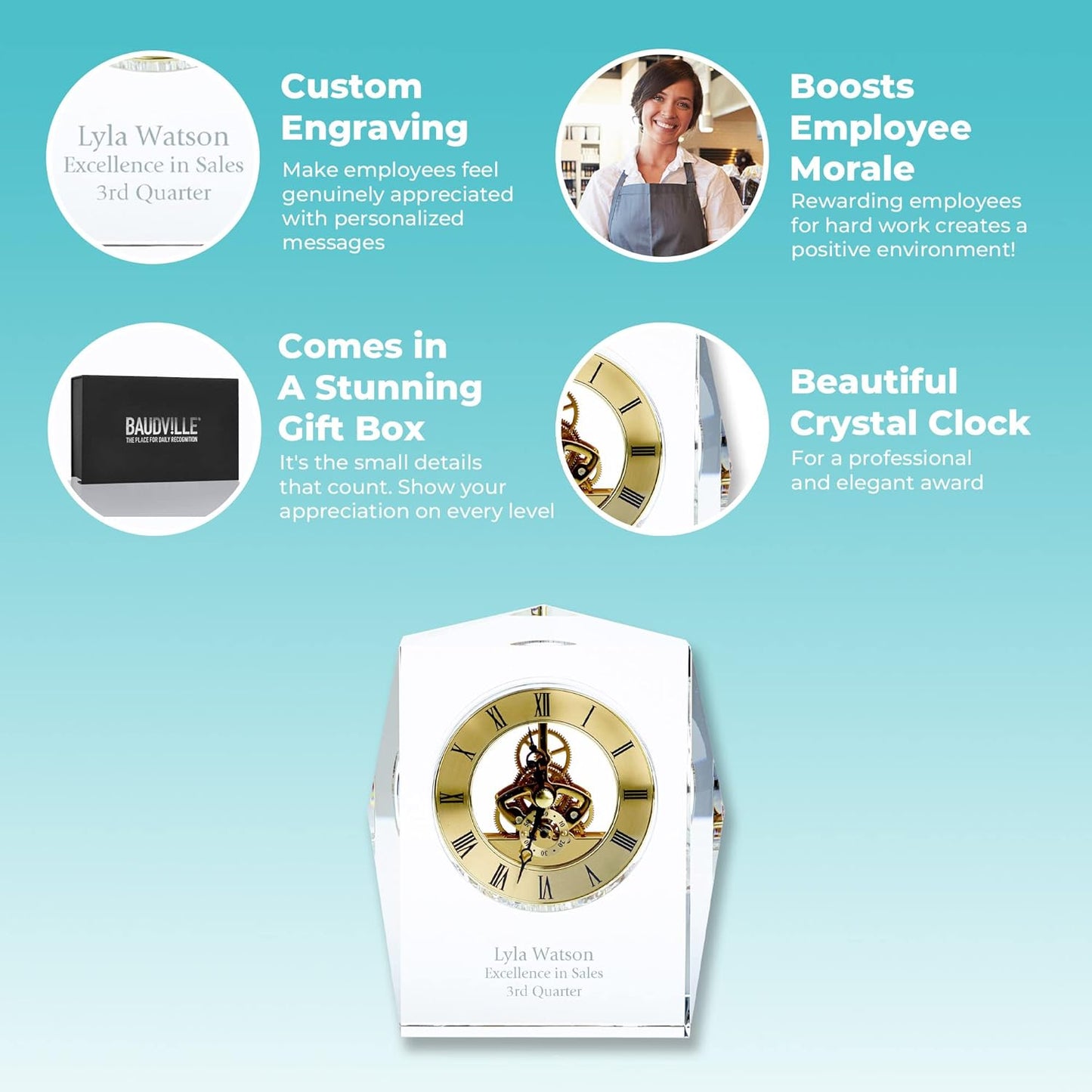 Baudville Engraved Clock Trophy - Executive Crystal - Rectangular Shaped on a Rectangular Base - Silver Inset Time Piece (Gold)