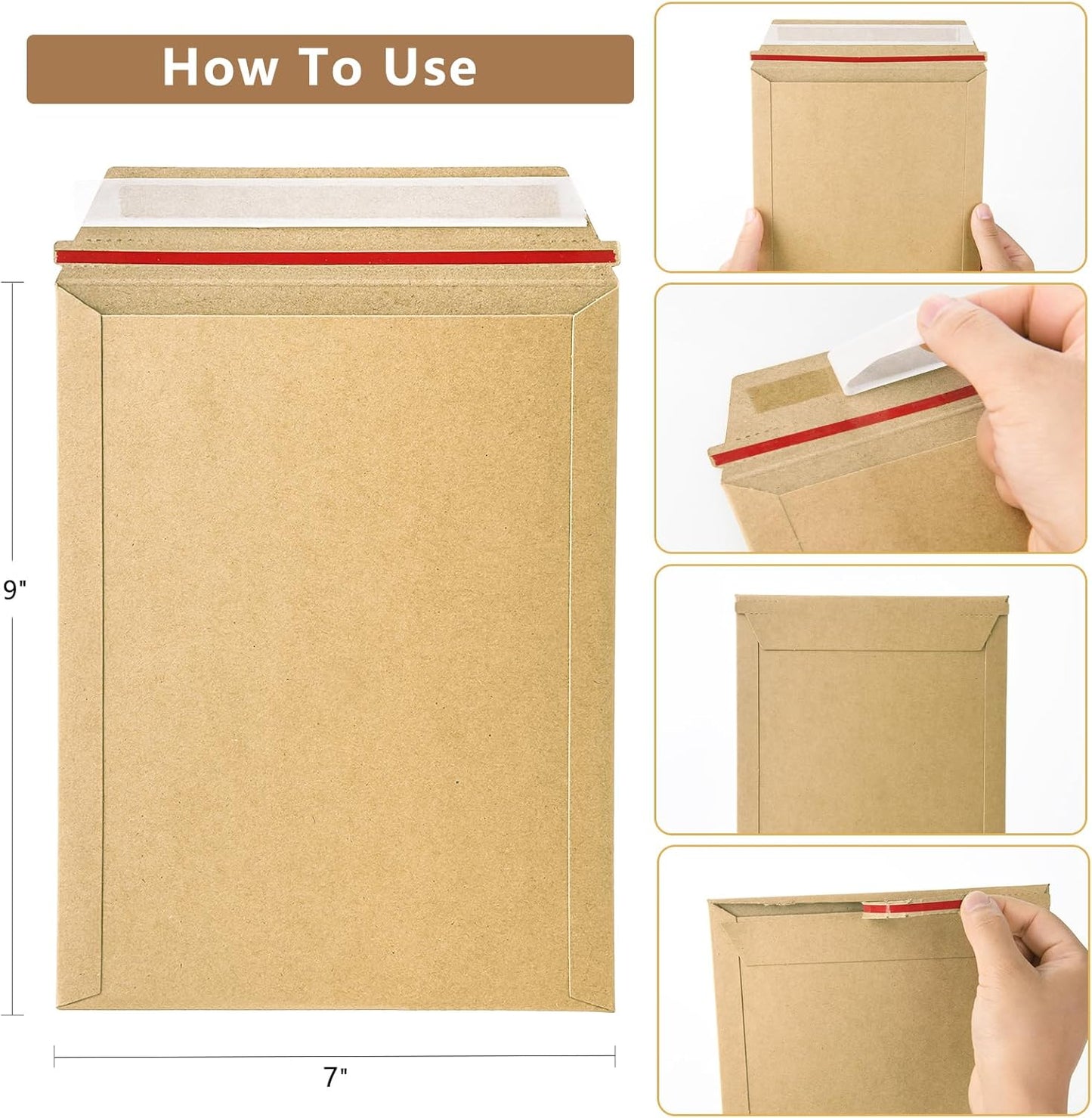 50 Pack 7x9 inch Kraft Rigid Mailer Self Seal Photo Document Mailers, Stay Flat Kraft Cardboard Envelopes Photography Mailers for CD, Photos, Document