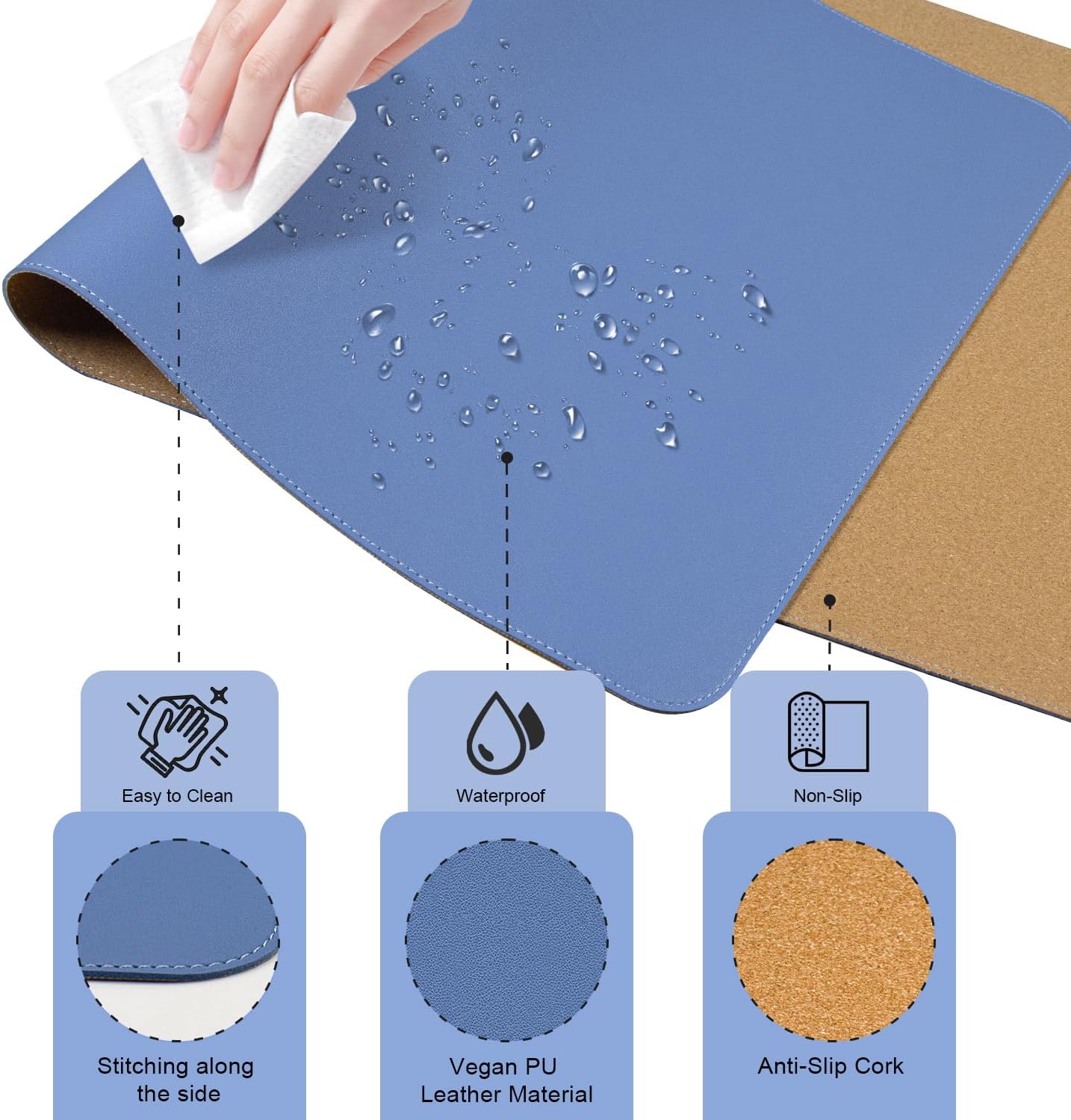 BLESWIN Large Desk Pad Mat 47.2"" x 17"", Office Desk Mat, Non-Slip PU Leather & Cork Desk Blotter for Keyboard and Mouse, Large Desk Mat, Large Mouse Pad for Office & Home(Lake Blue)
