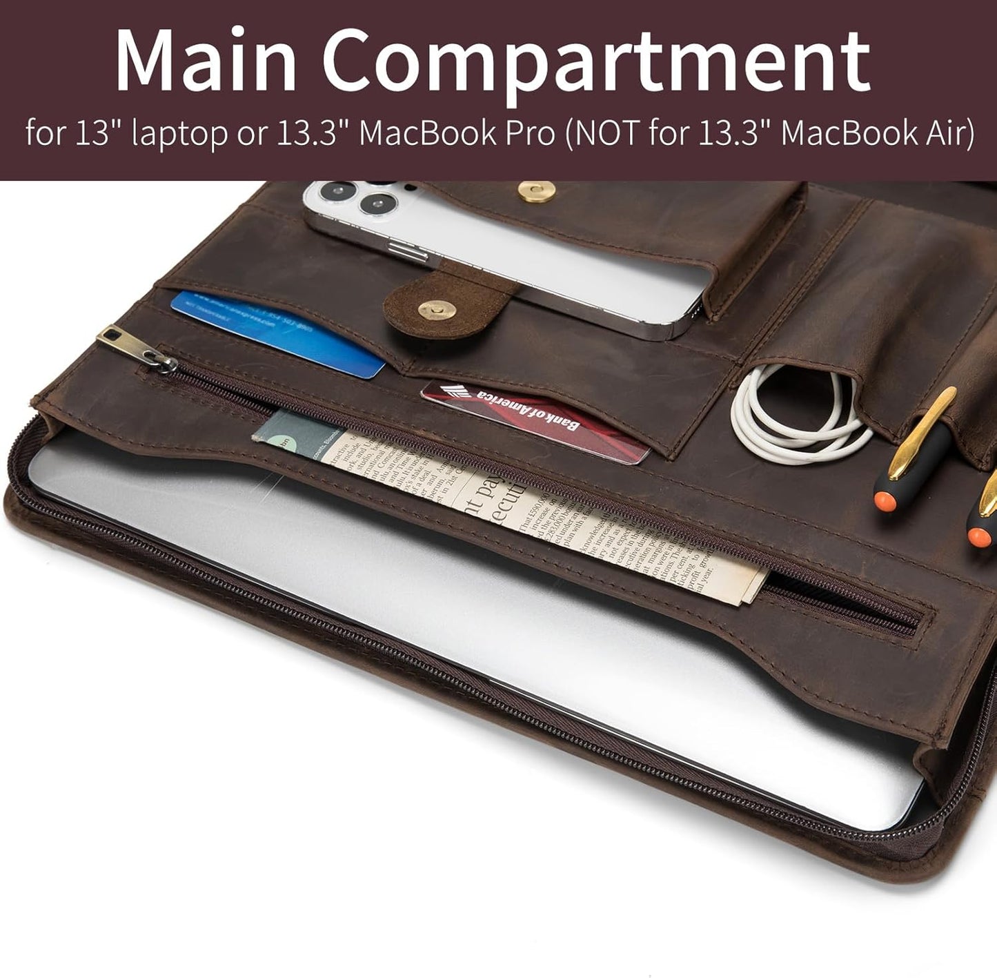 Genuine Leather Portfolio with Front Pocket for Men and Women, 8.5 x 11 Legal Pad Notepad Holder, Zippered Business Organizer, Professional Executive Letter Notebook Folder for Work, Dark Khaki