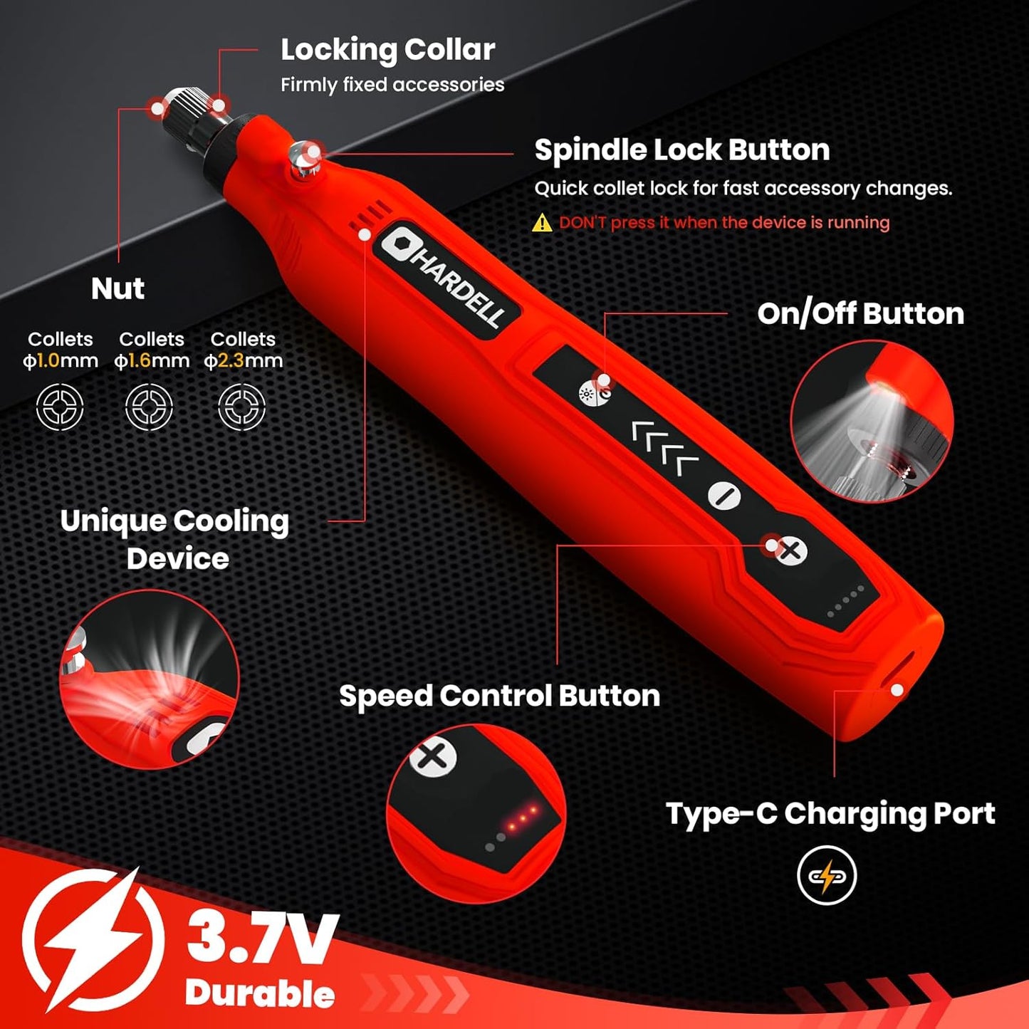 HARDELL Mini Cordless Rotary Tool Kit, 5-Speed and USB Charging with 69 Accessories, Multi-Purpose 3.7V Power Rotary Tool for Sanding, Polishing, Drilling, Etching, Engraving, DIY Crafts (Red)