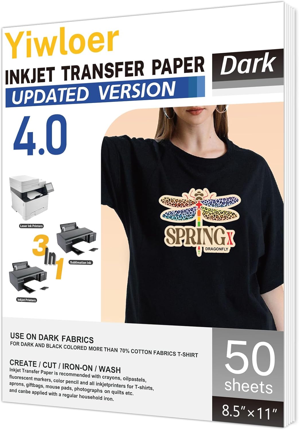 Iron on Heat Transfer Paper for T Shirts (8.5x11'', 50 Sheets) Iron-on Transfers Paper for Dark Fabric Printable Heat Transfer Vinyl for Inkjet Printer (Dark Fabric 50pcs, 50pcs)
