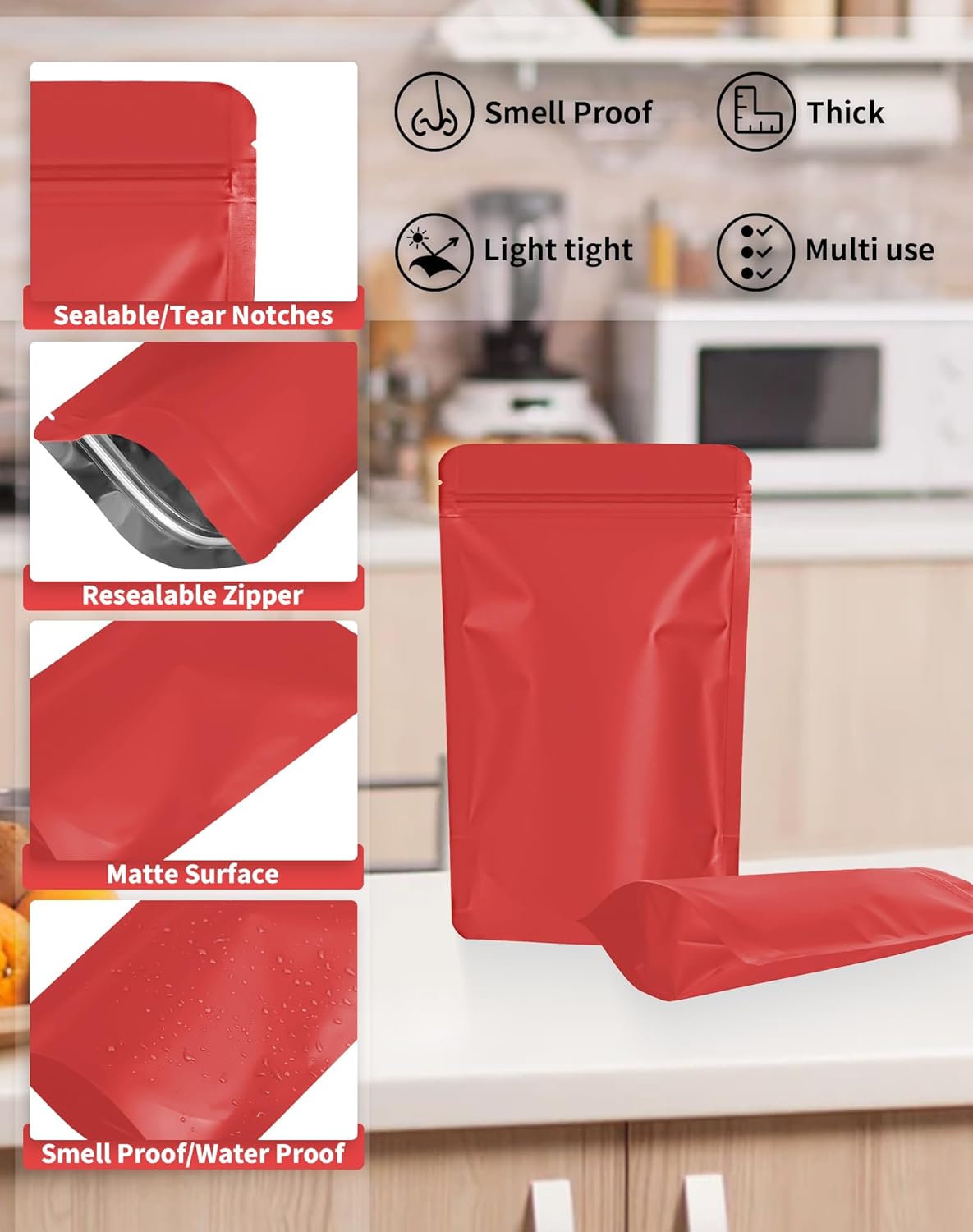 100 Pack Resealable Stand Up Bags,5.5" x 8.6" Smell Proof Pouch Sealable Foil Pouch Bags for Packaging (Red)
