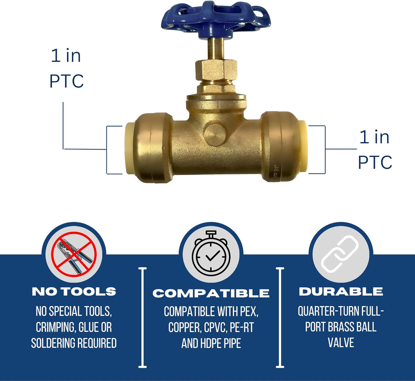 1 inch Push Fit Stop Valve with Drain and Vent, Push to Connect Brass Plumbing Fitting, Pex Pipe, Copper, CPVC, PE-RT, HDPE, 2-5-3=5, 5 Pieces