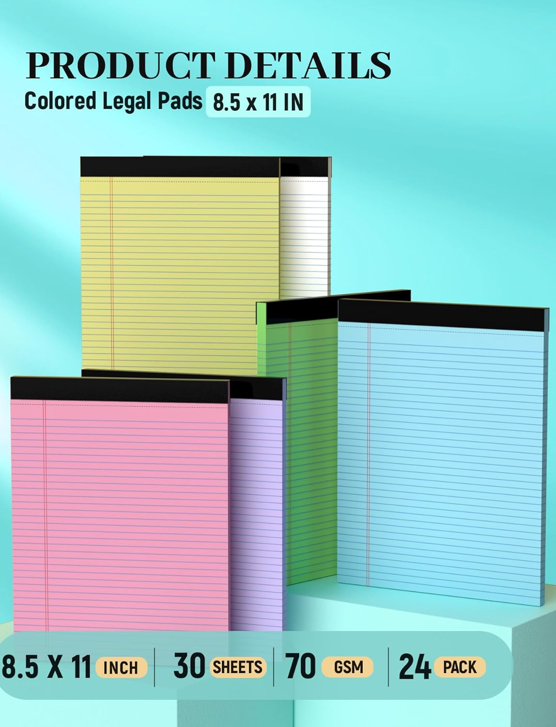 24 Pack Colored Legal Pads 8.5 x 11, College Ruled, 720 Sheets Note Pads 8.5 x 11, Perforated Writing Pads 8.5 x 11, Lined Paper Pads with Sturdy Backing, 30 Sheets Per Notepads for School, Office