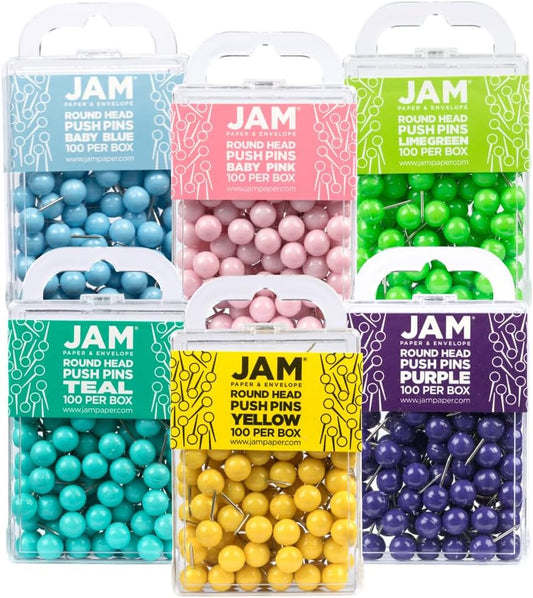 JAM PAPER Colorful Push Pins - Round Head Map Thumb Tacks - Assorted Spring Colors - 600/Pack