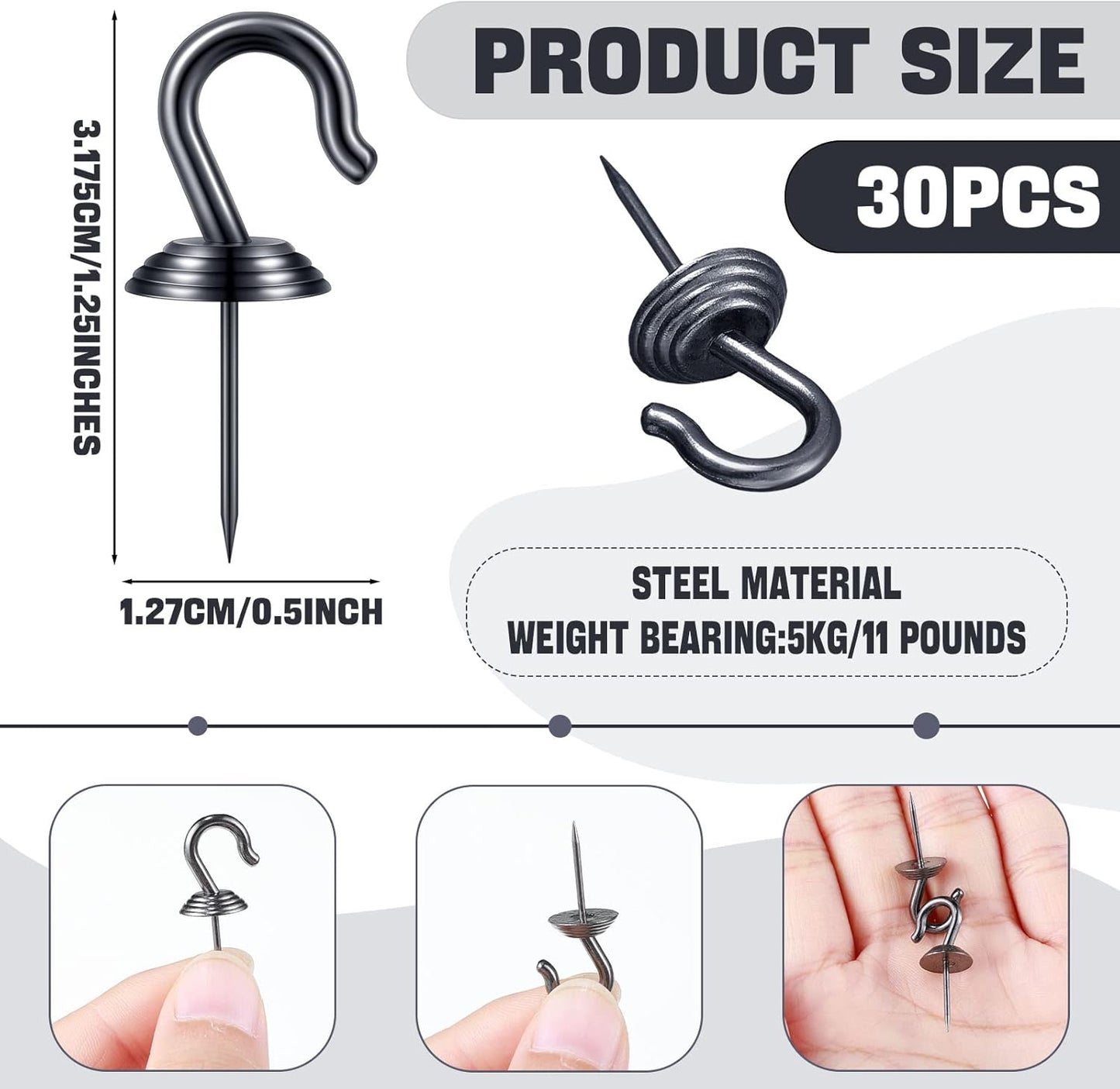 Hotop 30 Pieces Push Pin Wall Hooks Metal Thumb Tack Hangers Iron Alloy Nail Decorative Picture Hooks for 20 Lbs Home Office School Party Supply (Black)
