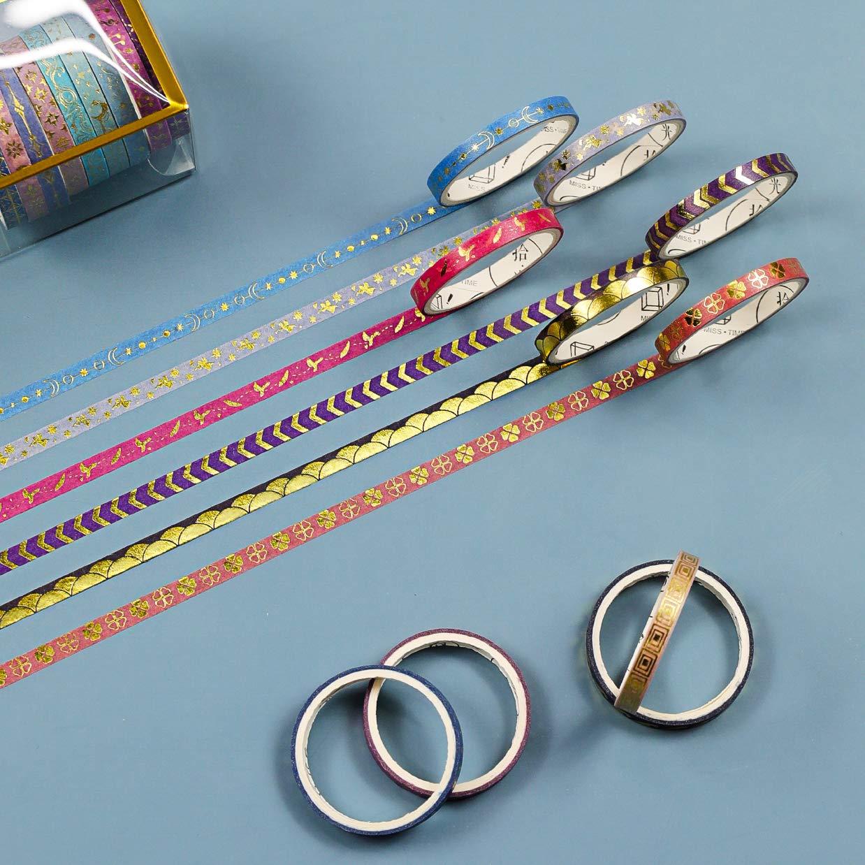 AEBORN Thin Purple Washi Tape - 20 Rolls 5mm Gold Foiled Skinny Washi Tape Set, Pretty Star Washi Tape for Bullet Journal, Scrapbook, Gift Packaging, DIY Crafts