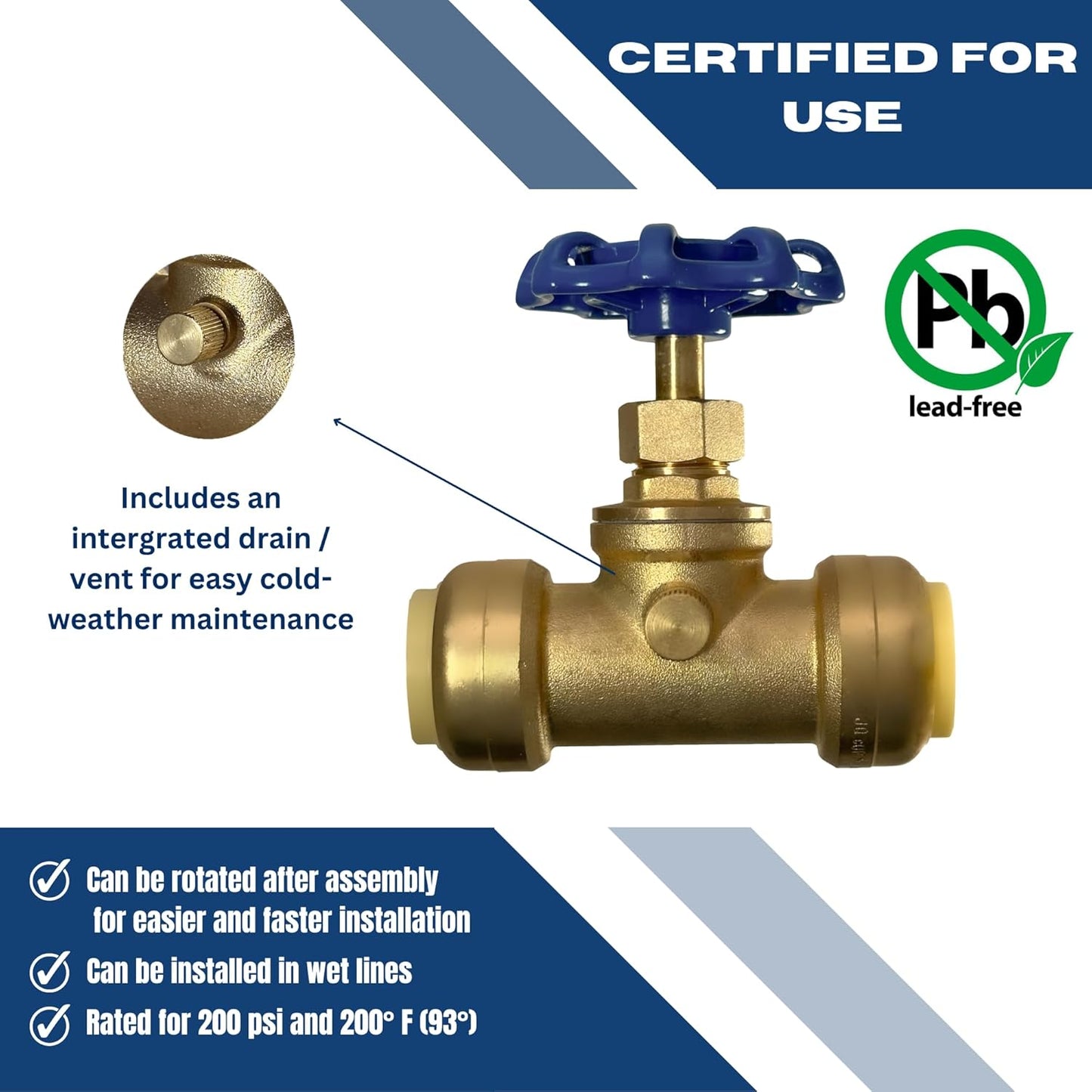 3/4 inch Push Fit Stop Valve with Drain and Vent, Push to Connect Brass Plumbing Fitting, Pex Pipe, Copper, CPVC, PE-RT, HDPE, 2-5-2=5, 5 Pieces