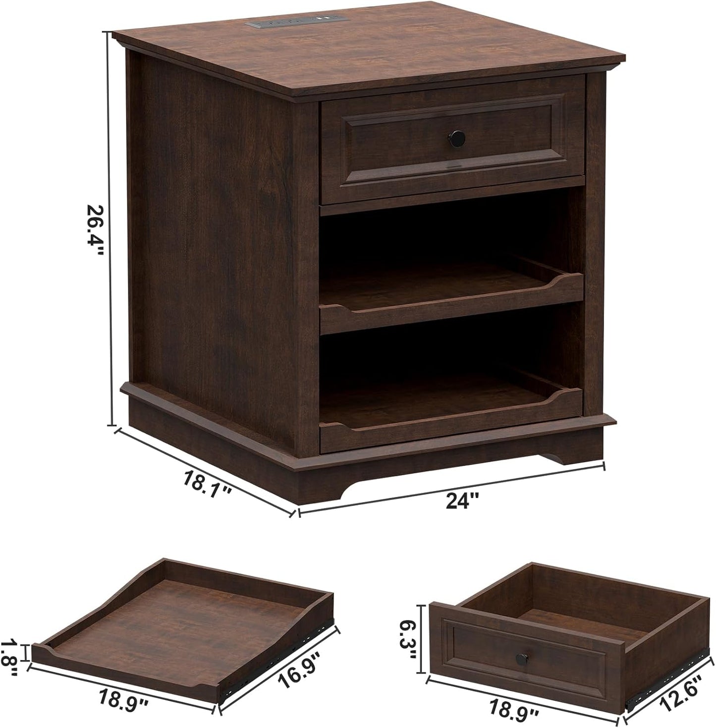 Lateral File Cabinet 3 Drawer File Cabinet with Charging Station, Wood Lateral Filing Cabinet, Printer Stand with Open Adjustable Storage Shelves for Home Office, Cherry