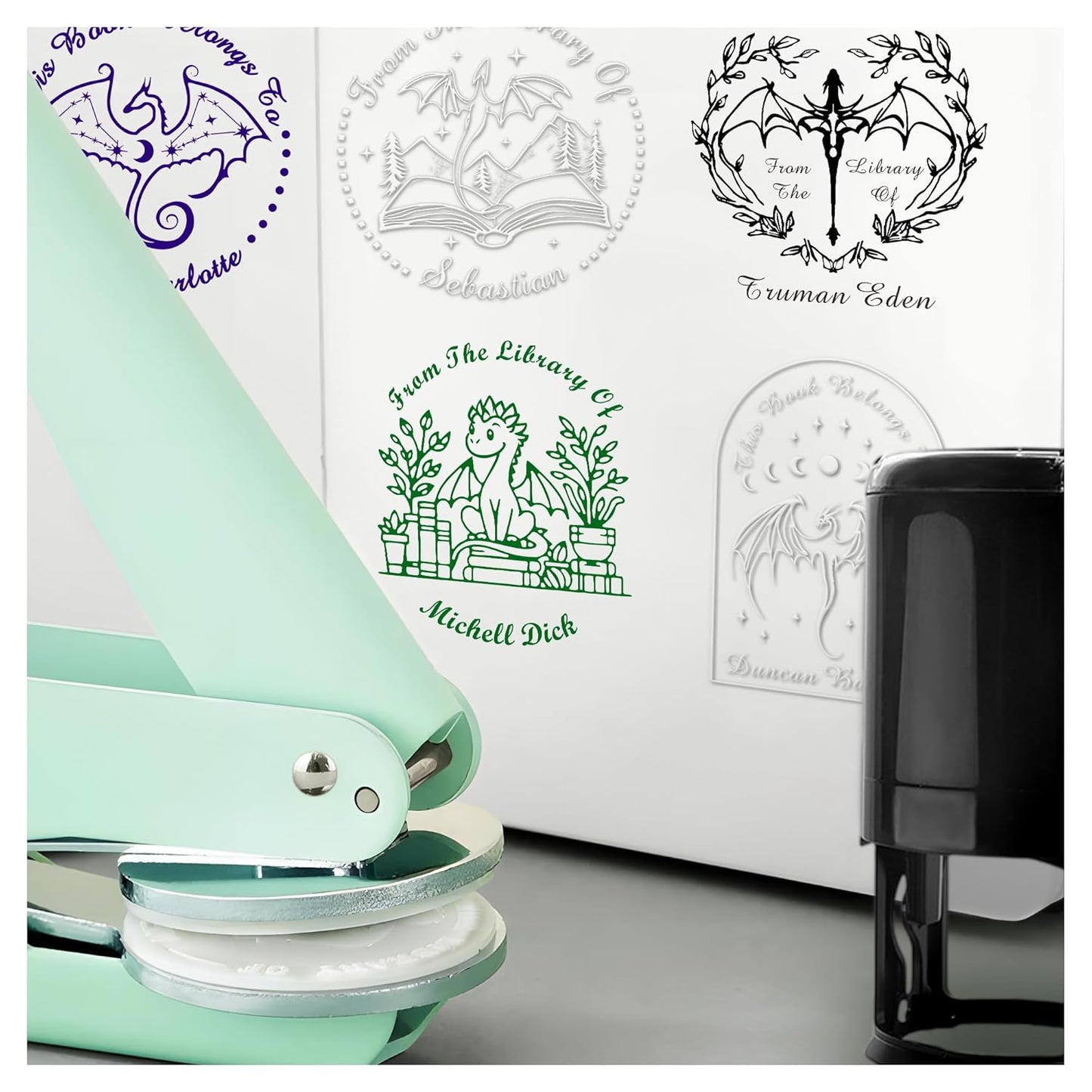 Book Embosser Custom Embosser Stamp with Your Name or Design Personalized Library Embosser Stamp Customized Books Business Cards Paper Documents Notebooks etc. (Dragon Theme - 05)
