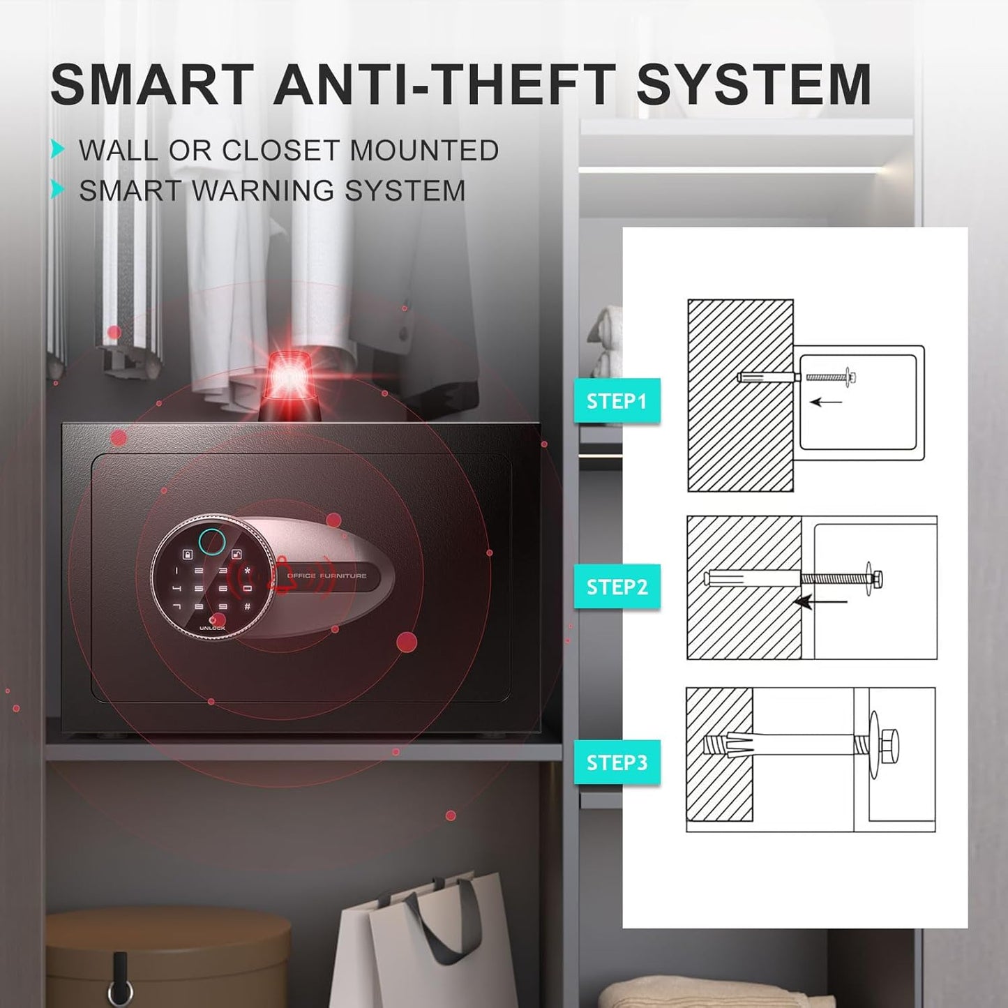 BONANO 0.5 Cub Small Safe Box, Biometric Safe with Backlit Touch Screen Keyapd and Dual Alarm System, Small safes for Home Use Fire and Water Proof Money Valuables Jewelry and Documents