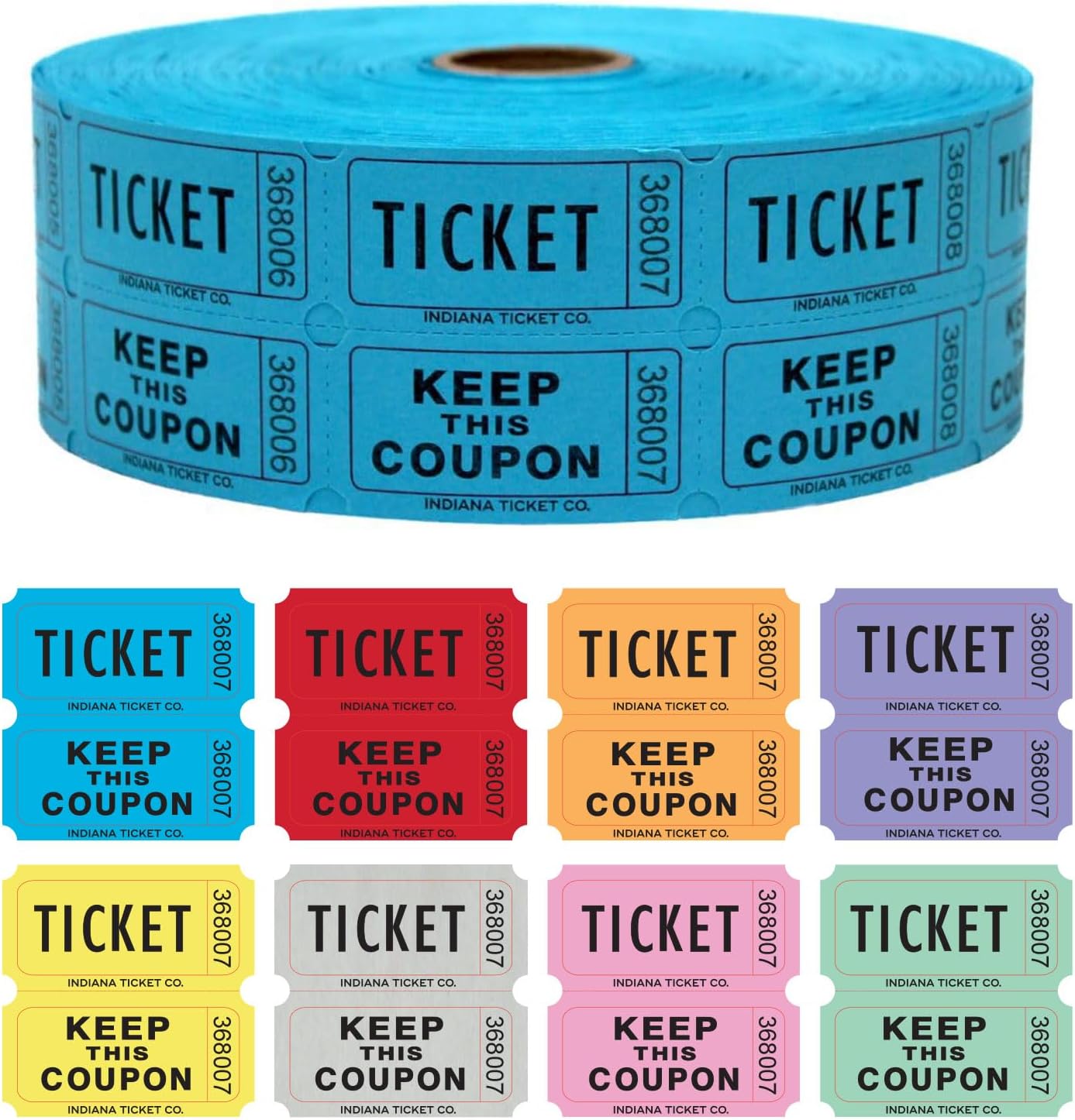 INDIANA TICKET CO. Double Roll Raffle Tickets – 1,000 Blue, Events, Fundraiser, Carnival, Fair, Door Prize, Drink/Food Tickets, Classroom Reward, Bingo, Auction, 50/50 Cash Draw. (8 Color Selection)