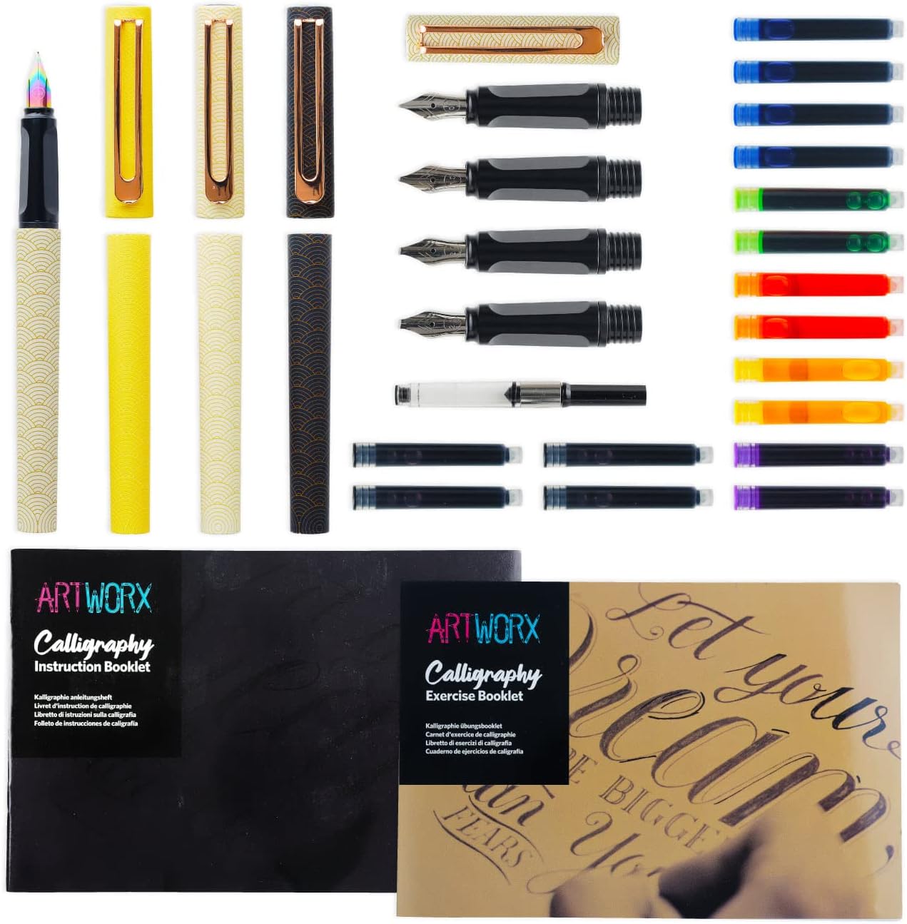 Artworx Calligraphy Pens Set - Introductory Caligraphy Writing & Hand Lettering Kit - Includes Instructions, Guide Book and Practice Book - Calligraphy Set For Beginners