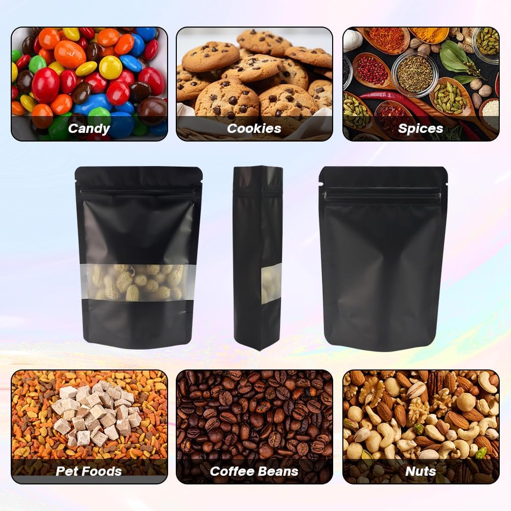 4CP 100 Pcs Black Zipper Smell Proof Bags with Window, 7.0x10.5 Inch Stand Up Foil Pouches for Food Selfsealing Storage, Reusable Bag for Packaging Small Business, Cookies, Nunt, Candy