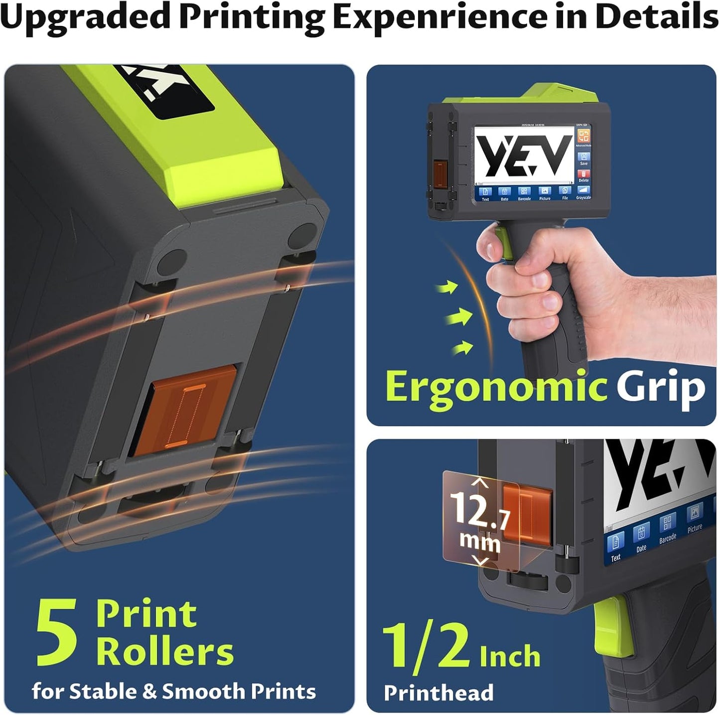 YEV Handheld Inkiet Printer V127 Newly Enhanced 16-Hour Continuous Printing 5 Wheel Support for Printing Batch Numbers, Logos, Serial Numbers, Barcodes, and QR Codes on Diverse Materials (Green)