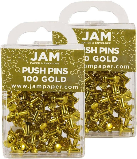 JAM PAPER Colorful Push Pins - Gold Pushpins - 2 Packs of 100