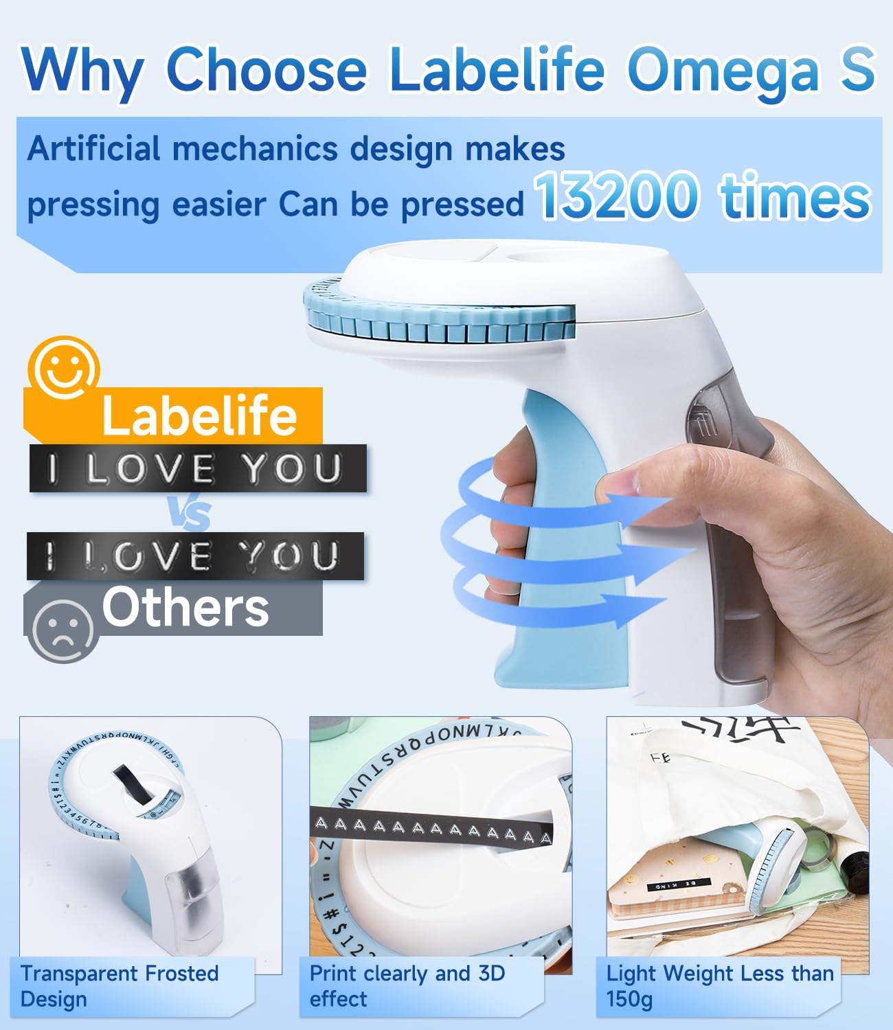Labelife Embossing Label Maker Machine with Tapes,Omega S Vintage Embossed Label Maker,Retro Embossing Machine with 3 Rolls 3D Embossing Label Tapes Waterproof for Home Office Kids DIY Crafting, Blue