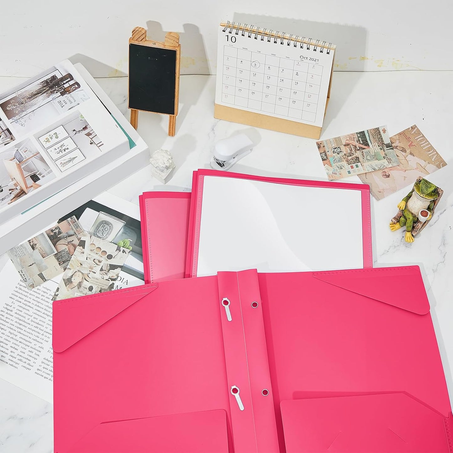 Henoyso 36 Pcs Plastic Folder with Clear Front Pocket and 3 Prong Plastic Folders with Card Slot Pocket Folders with Prongs for School Office (Rose Pink)