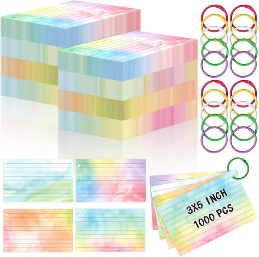1000 PCS Colored Index Cards with Hole Lined Flash Cards with Binder Rings Watercolor Notecards with Rings 3x5 Study Cards Flashcards for Home School Office Supplies
