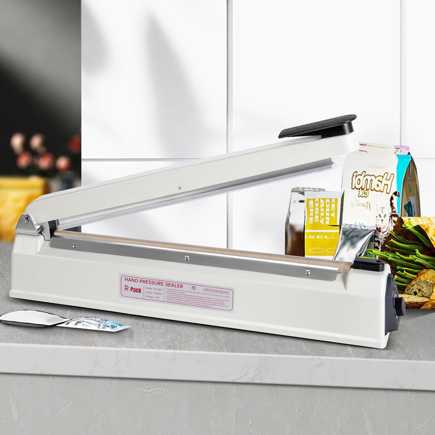 Impulse Heat Sealer with Cutter, Heavy-Duty Bag Sealing & Cutting Machine, 2 Extra Replacements (White, 16-Inch)