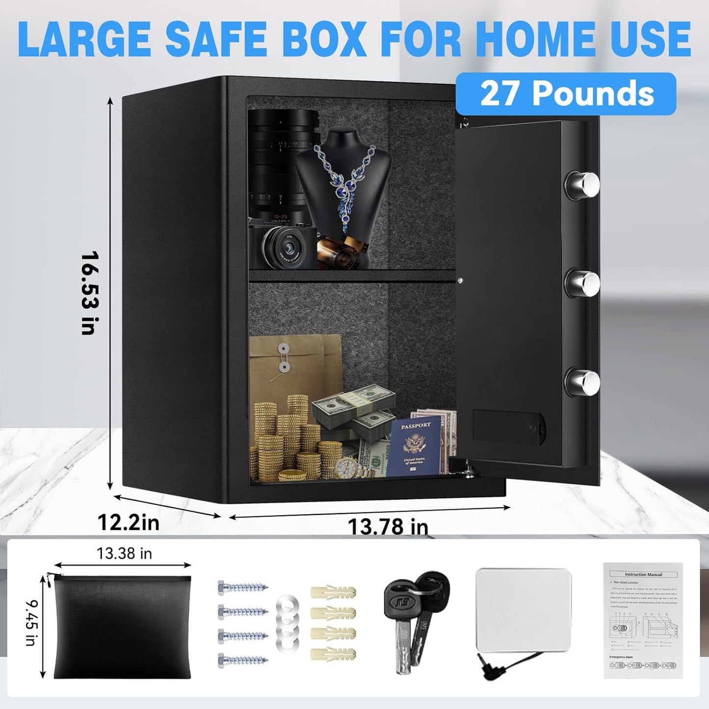 2.5 Cuft Large Safe Box with Fireproof Waterproof Bag, Safes for Home Documents, Anti-Theft Safety Box With Digital Keypad, Smart Alert System, Spare Keys, Personal Safe for Cash Money