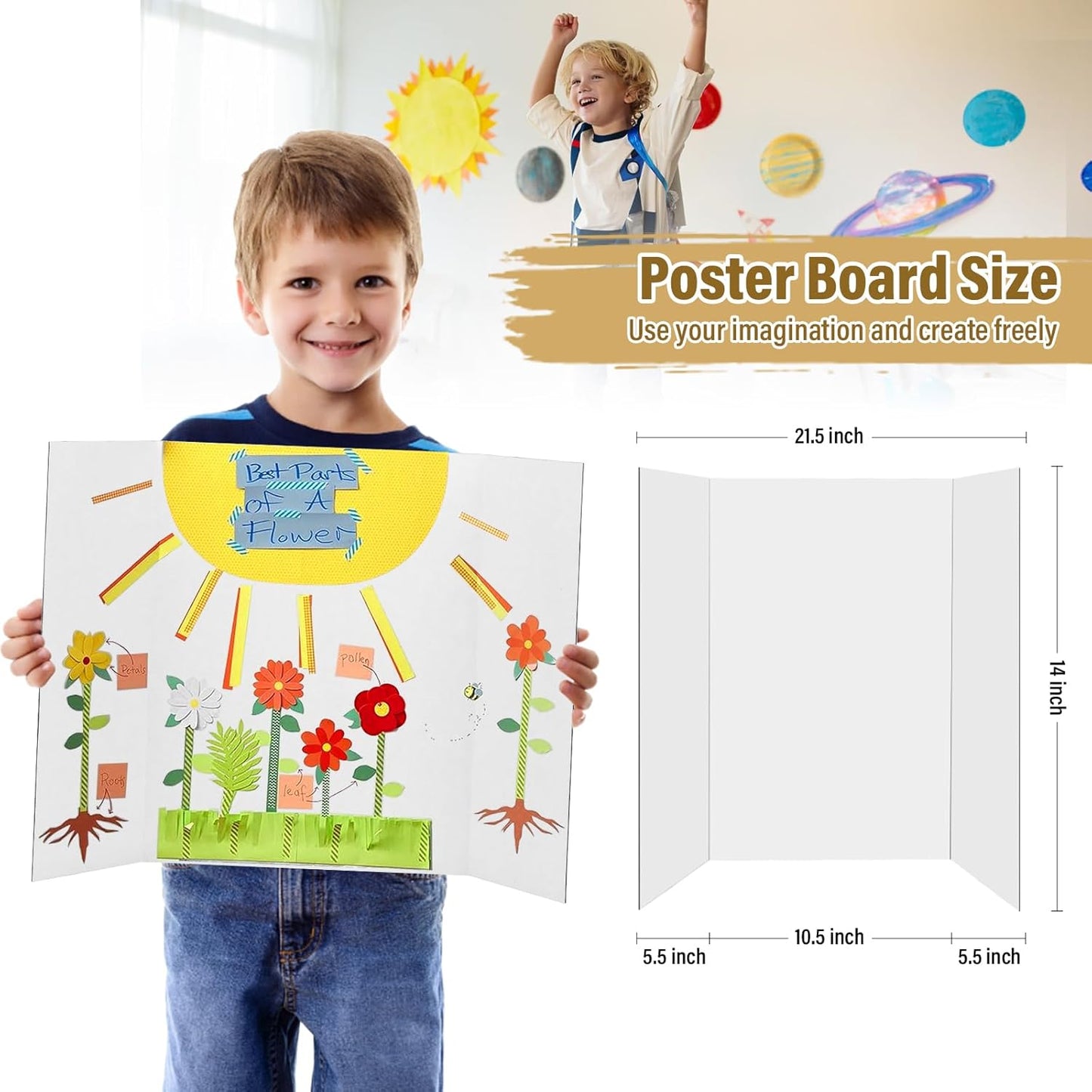 4 Pcs Trifold Poster Board, 21.5x14 inches Small White Poster Board Comes with Sticky Accessories, Corrugated Presentation Boards, Display Board for School Projects, Business Presentations