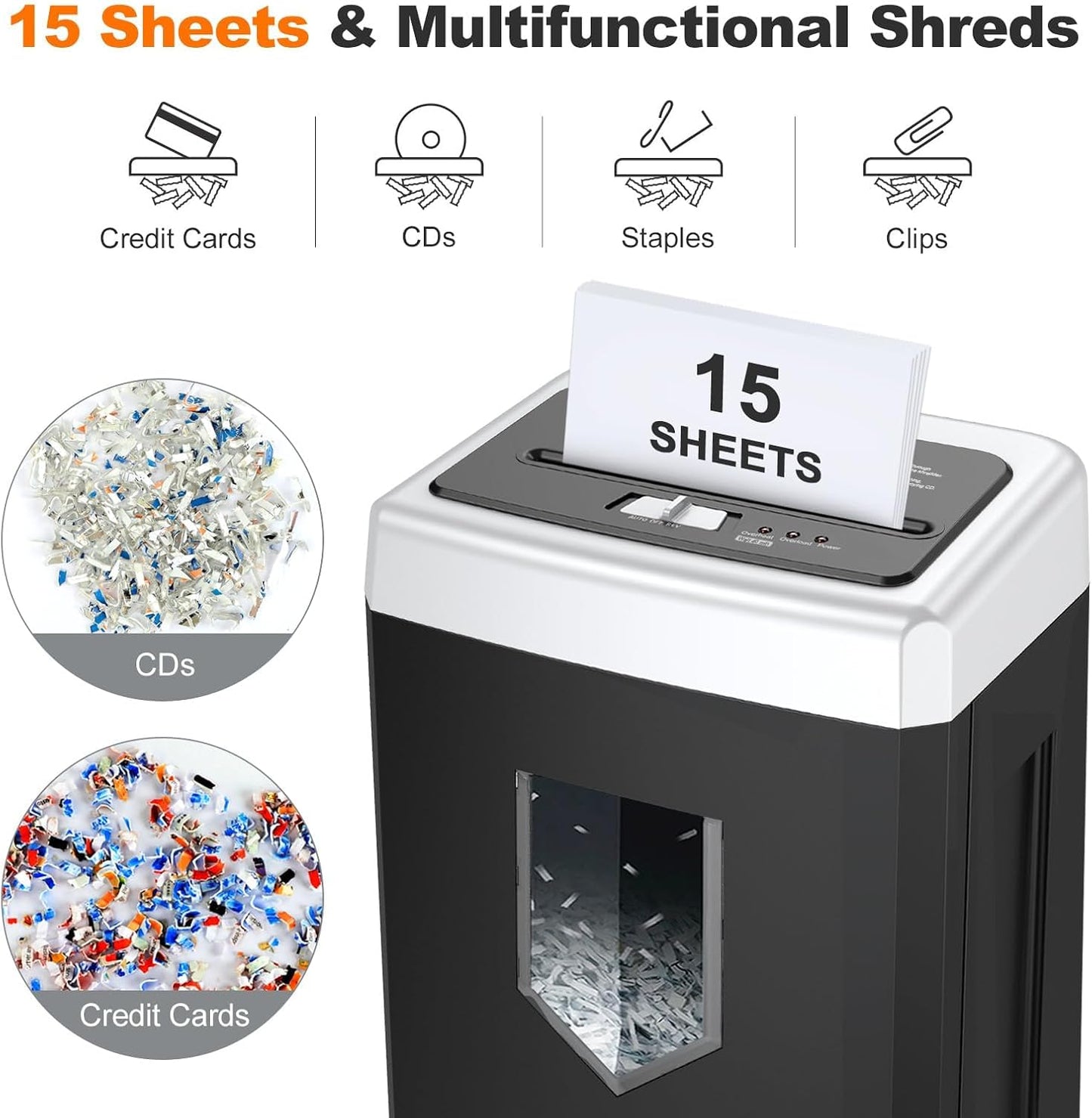 Bonsaii 15-Sheet Office Paper Shredder, 40 Mins Heavy Duty Shredder for Home Office, Crosscut Shreder with Anti-Jam System & P-4 High Security Supports CD/Credit Cards/Staple,5 Gal Pullout Bin C169-B