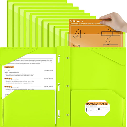 Henoyso 18 Pcs Plastic Folder with Clear Front Pocket and 3 Prong Plastic Folders with Card Slot Pocket Folders with Prongs for School Office (Fluorescent Green)