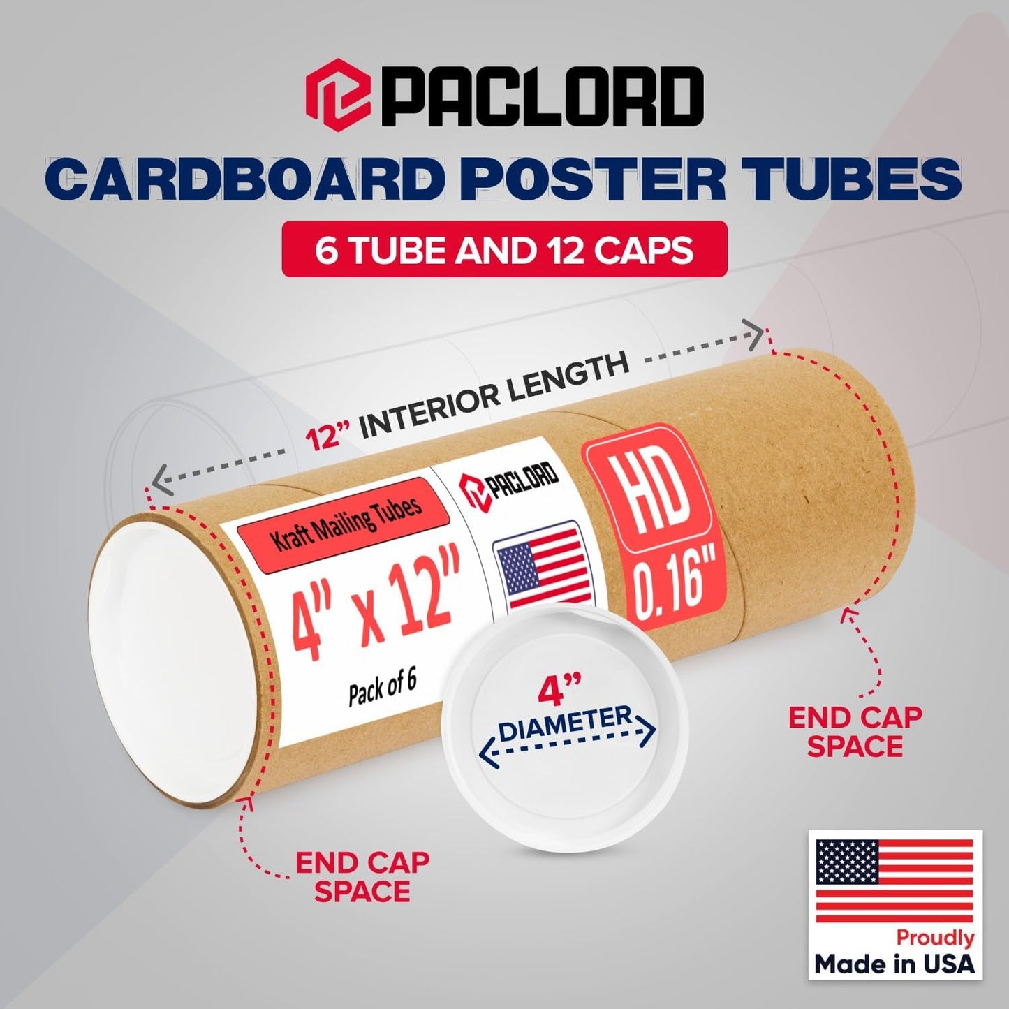 4" x 12" Heavy-Duty Reinforced Cardboard Mailing Tube, Pack of 6 Tubes with 12 Caps – Secure USPS Approved – Great for Shipping and Storing of Prints, Artwork, Posters or Documents
