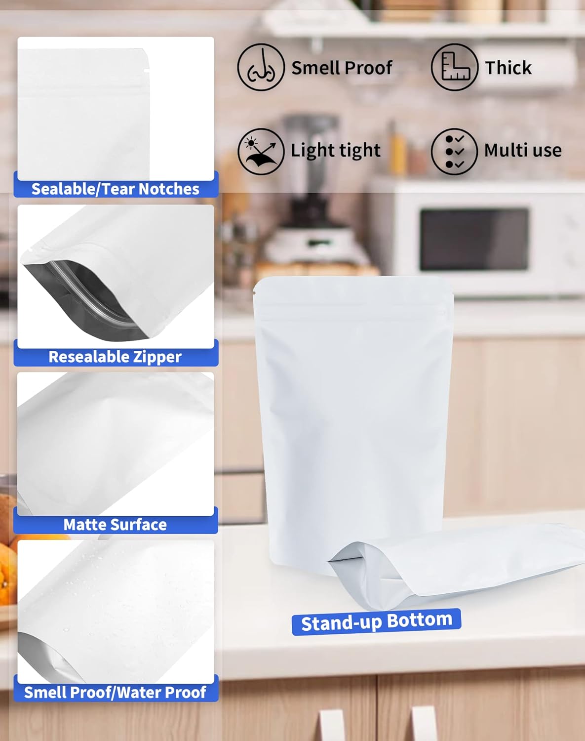 100 Pack Resealable Stand Up Bags,Smell Proof Pouch Sealable Foil Pouch Bags for Packaging (White, 3.5" x 5.1")