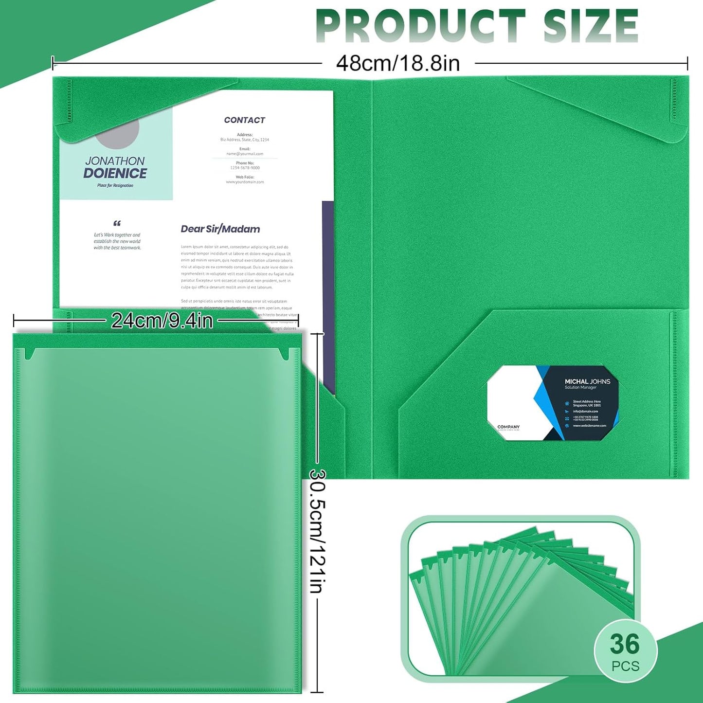 Henoyso 36 Pcs Plastic Folders with Clear Front Pockets Heavy Duty File Folders with 2 Pockets and Card Slot for Student Communication School Office Presentation Report (Green)