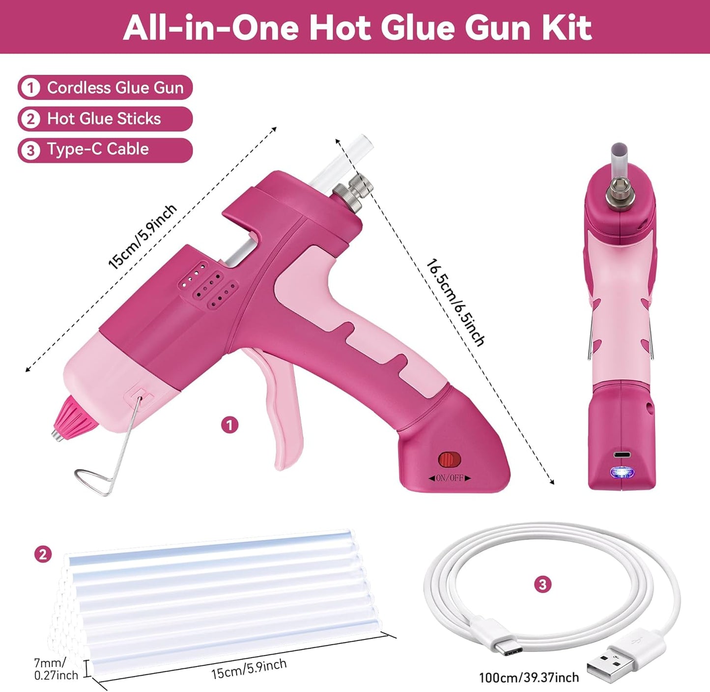 Hot Glue Gun with 30 Glue Sticks,20W Rechargeable Pink Hot Glue Gun and Sticks Set,Mini Glue Gun for School Craft DIY Arts,Quick Home Repairs & Decoration