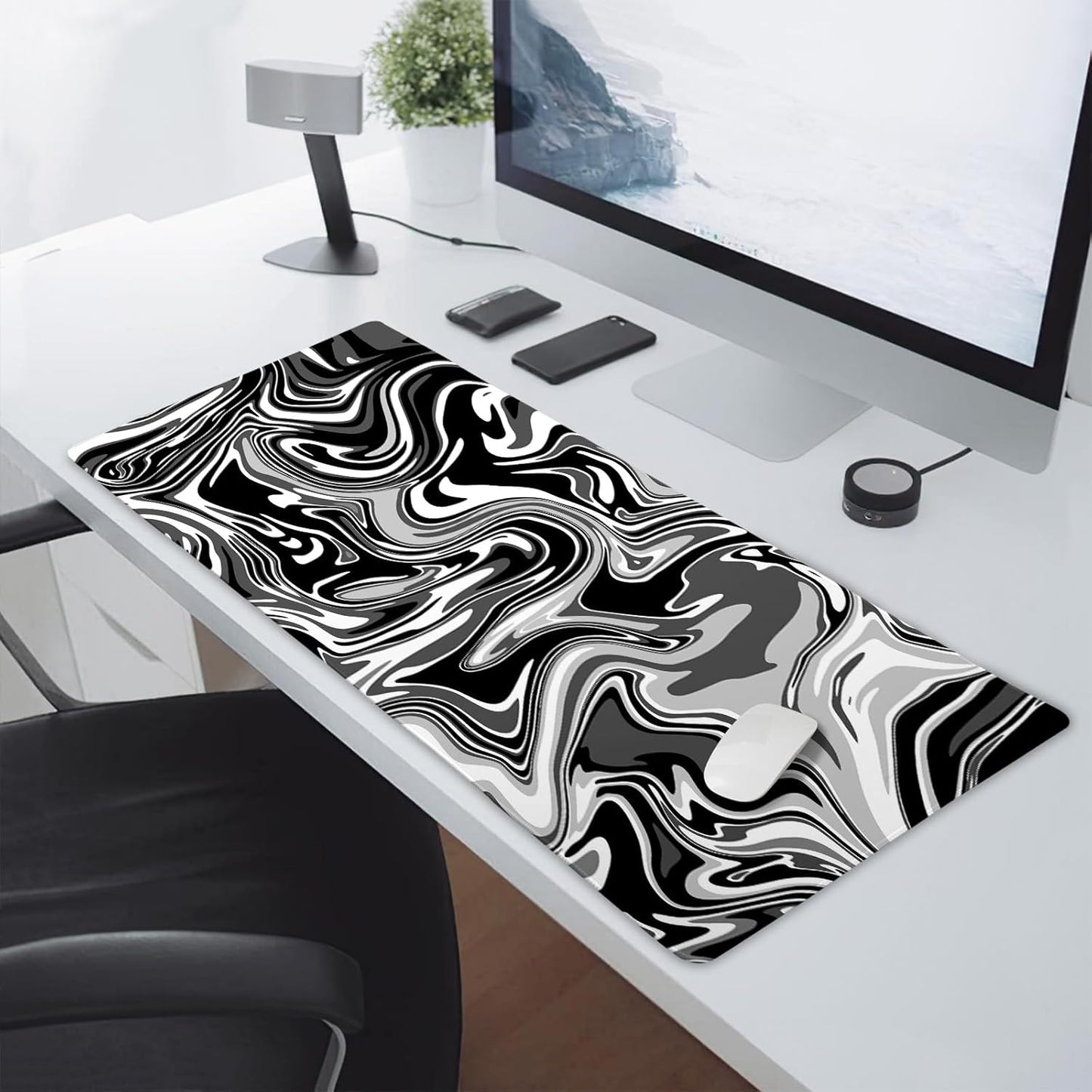 Black White Swirl Gaming Mouse Pad XXL Gray Marble Grey Fluid Design Extended Large Mouse Pad Big Desk Mat Non-Slip Rubber Base Stitched Edge Long Mousepad for Desktop Office Desk, 35.4 x 15.7 in