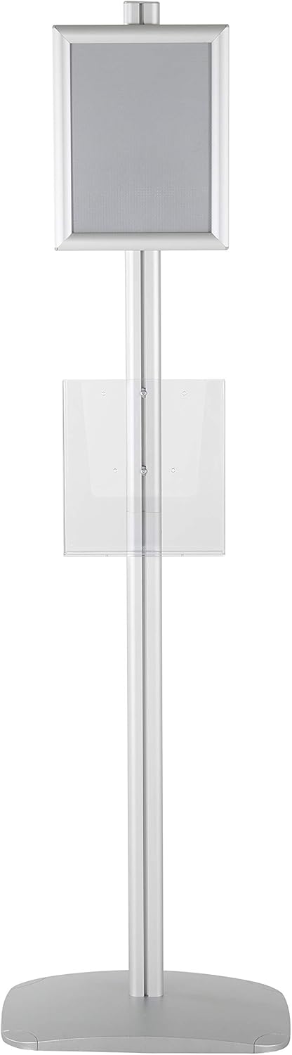 M&T Displays Free Standing Aluminum Display Stand Single Sided Document Brochure Sign Holder Front Loading Portrait Landscape Silver Snap Frame 1x(8.5x11) and Clear Acrylic Pocket 1x(8.5x11) Inch