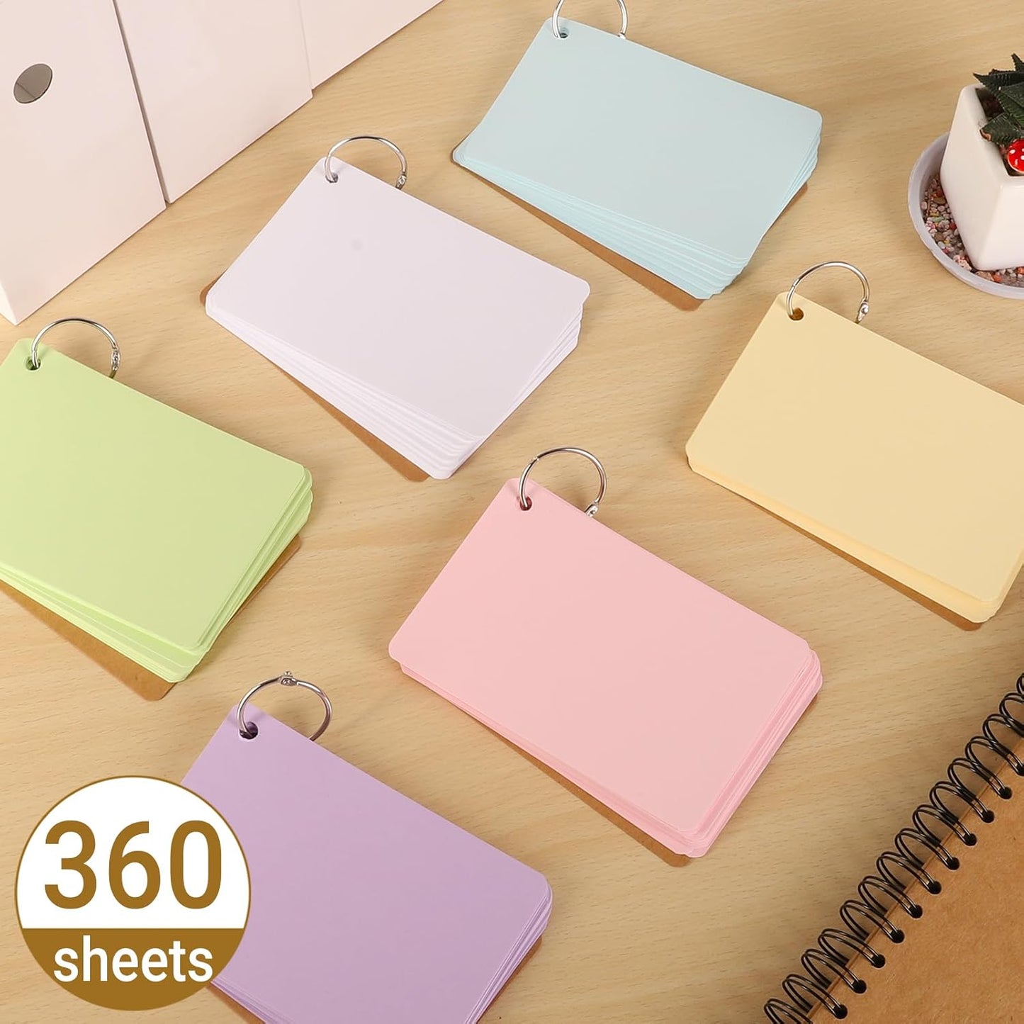 6 Pack Blank Index Cards 4 x 6 Inches, 360 PCS Colored Blank Index Flashcards Blank Flash Cards with Rings, Note Cards Punched for Study, Office and Home