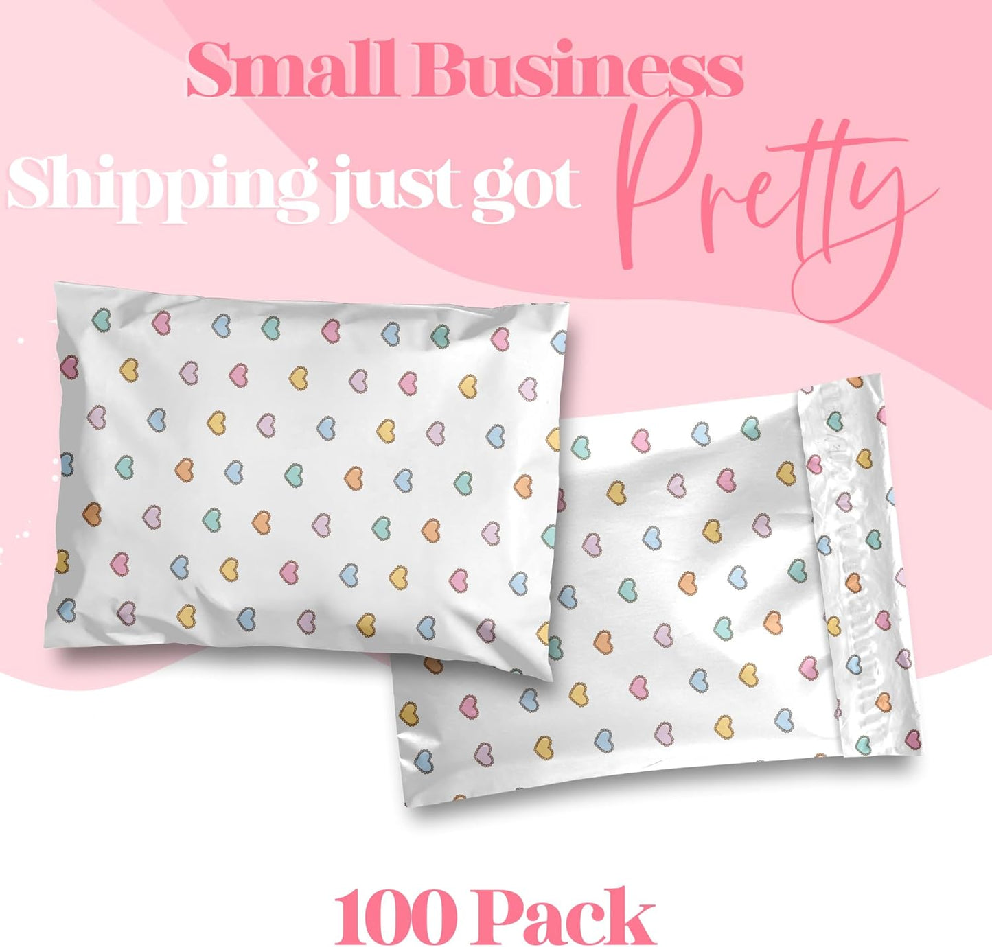 6x9 Designer Poly Mailer 100 Pack Heavy Duty Waterproof Self Seal Shipping Bags for Small Business Large Mailing Envelopes Bulk Tear Resistant Packaging Preppy Hearts
