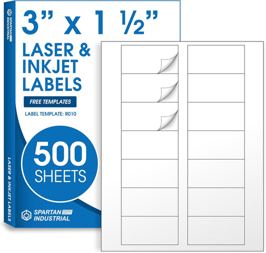 3" X 1.5" Matte White Printable Labels Compatible with Inkjet and Laser Printers - 500 Sheets, 7000 Total Stickers for Bottles, Product Labeling, Mailing - Spartan Industrial