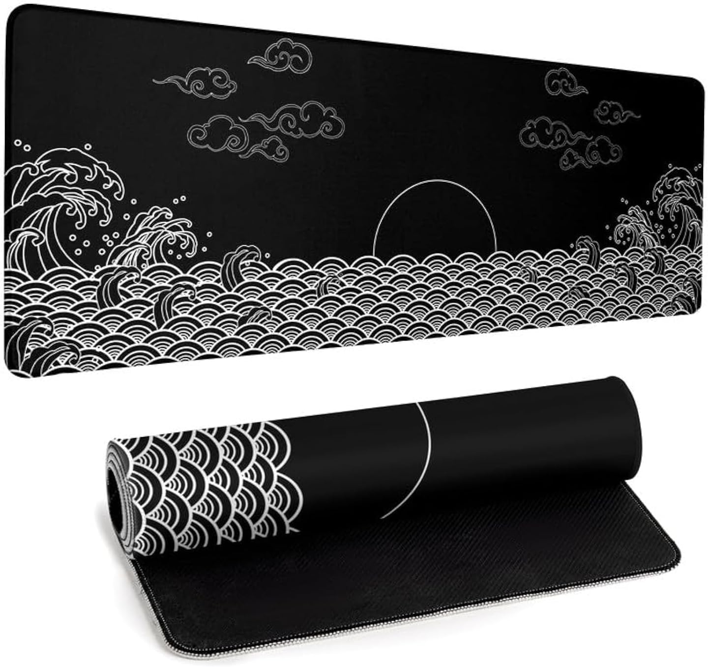 Japanese Sea Wave Gaming Mouse Pad Black Large Anime Mousepad Extended Mouse Mat 31.5''x11.8'' 3mm Thick Non-Slip Rubber Base Big Desk Pad for Office