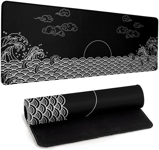 Japanese Sea Wave Gaming Mouse Pad Black Large Anime Mousepad Extended Mouse Mat 31.5''x11.8'' 3mm Thick Non-Slip Rubber Base Big Desk Pad for Office