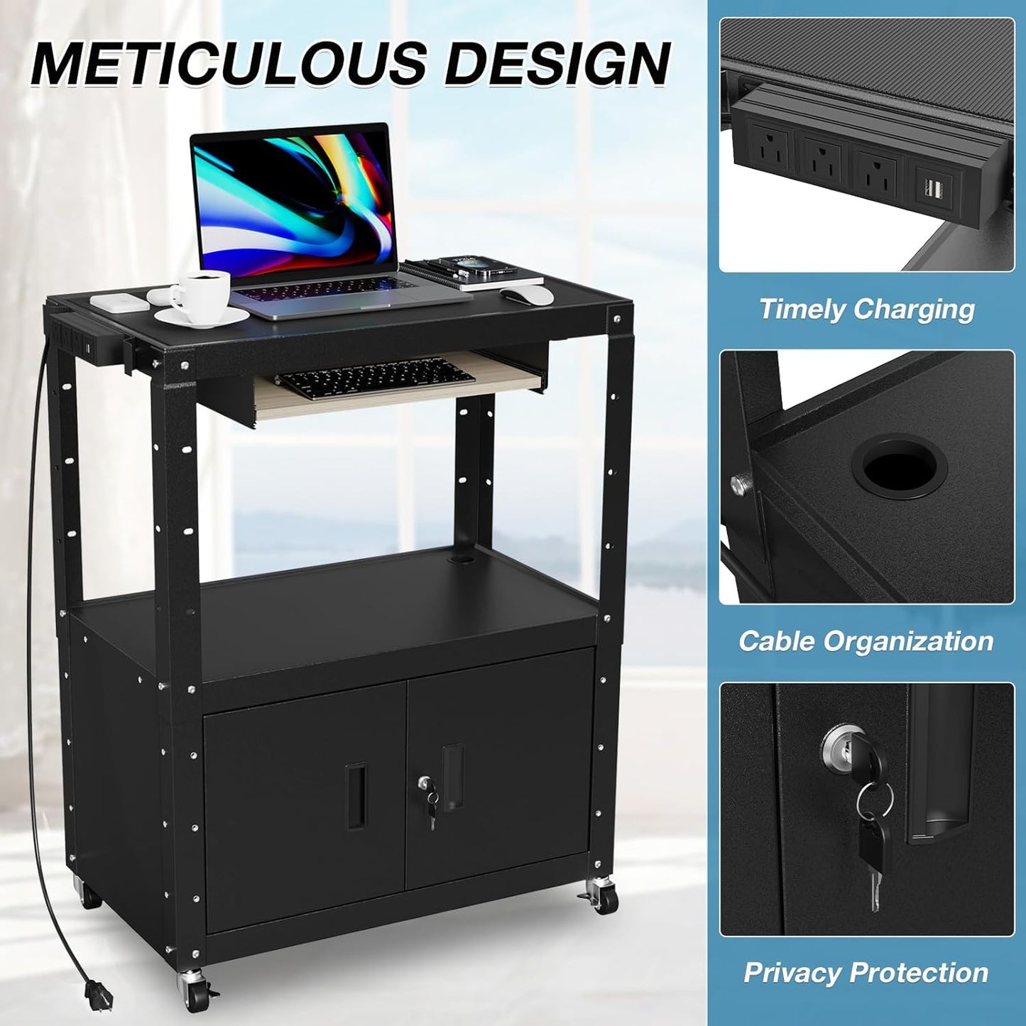 AV Cart, Adjustable-Height Rolling Computer Cart with Charging Station, Steel AV Presentation Cart with Locking Cabine & Keyboard Tray, Multipurpose Utility Cart Mobile Workstation for Office, Black