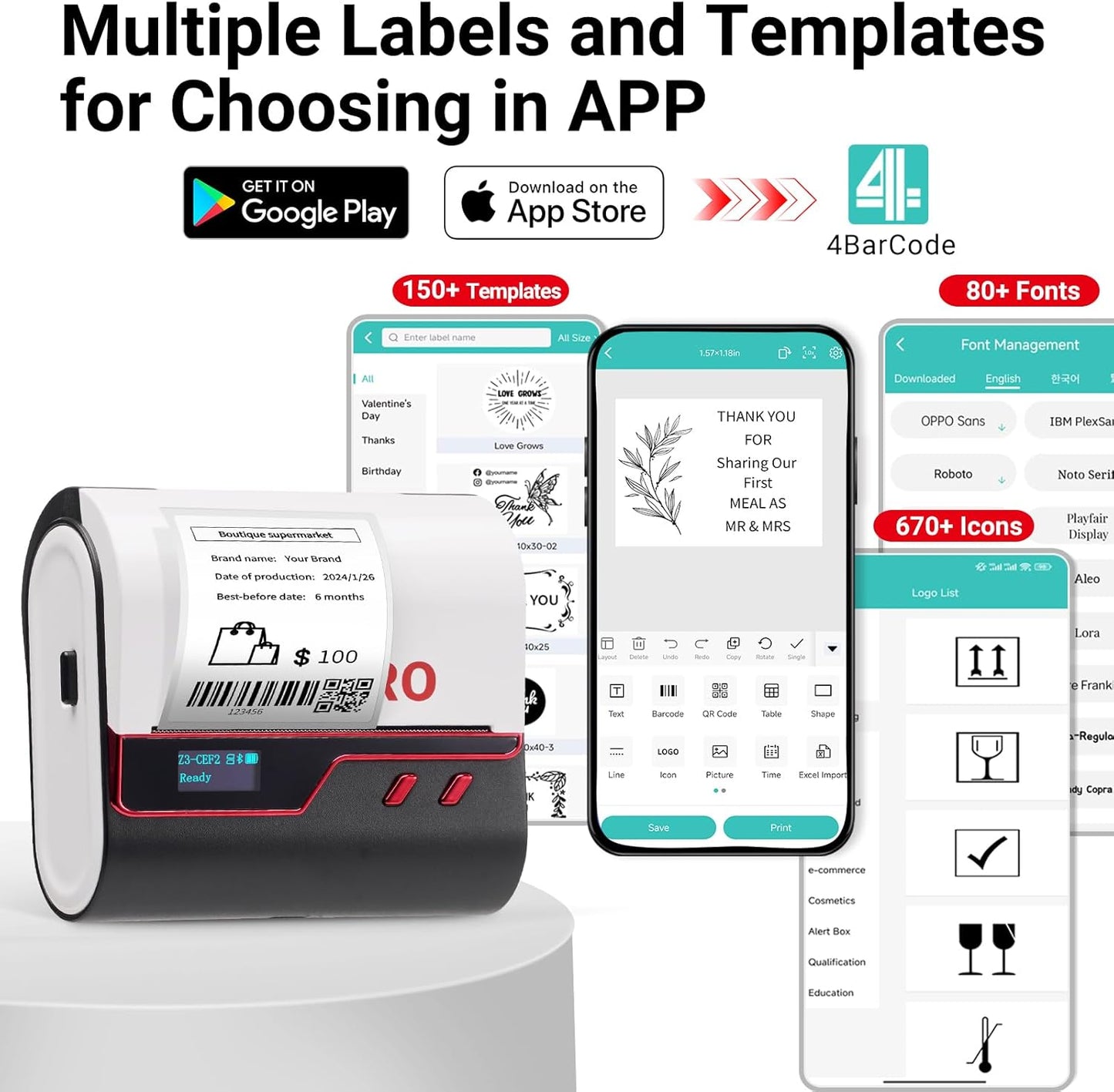 ORGBRO Z3 Label Maker Machine with Tape, 3 Inch Bluetooth Thermal Label Printer, Portable Sticker Printer for Small Business, Office, Home Organization, Barcode, Address, Compatible with Phones & PC