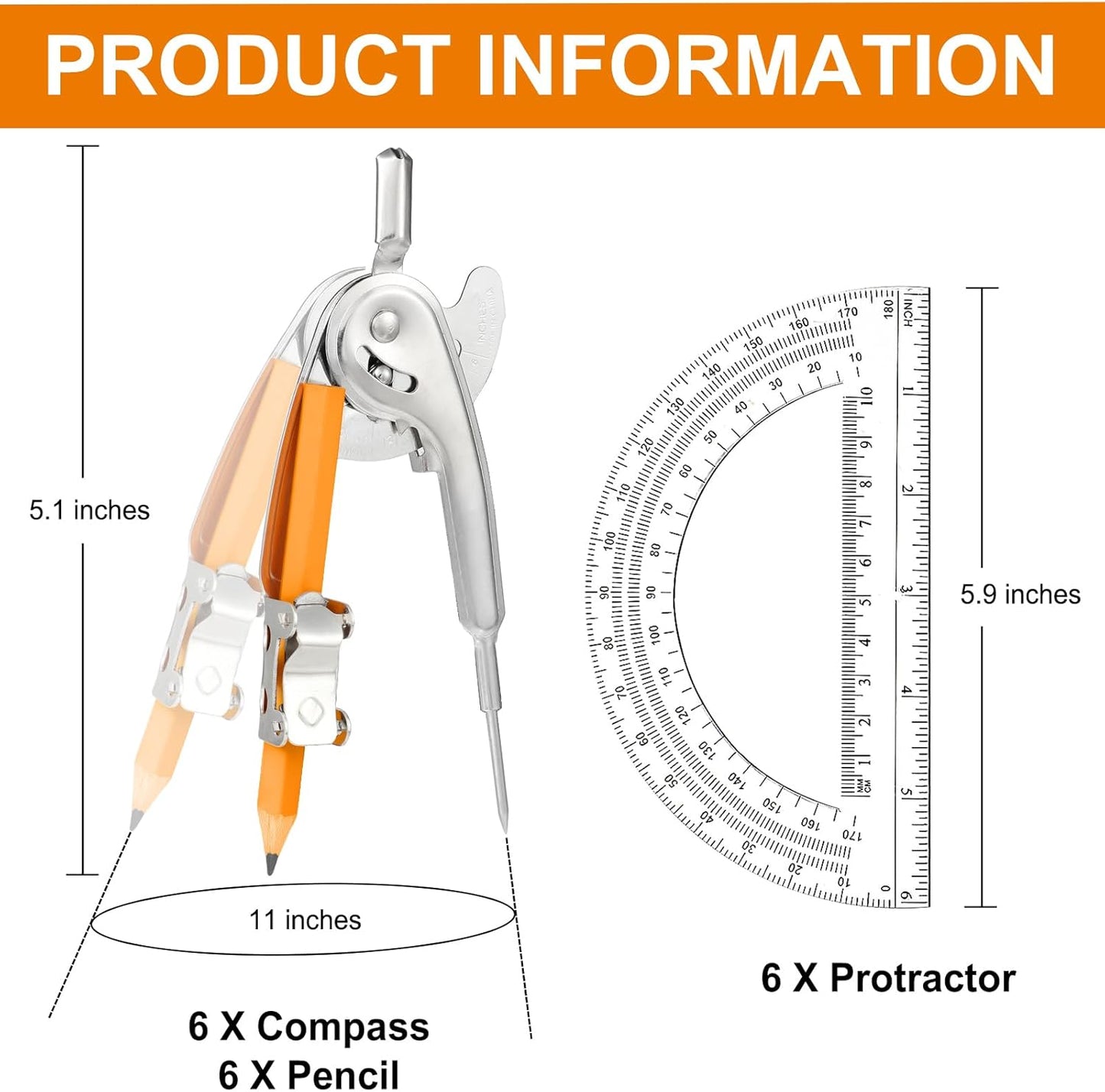 12 Pack Geometry Tool Set, Math Compass for Geometry and 6 Inch Protractor Set Include Metal Compass with Pencil and Clear Plastic Protractor for Student Classroom Office Woodworking Art Drawing