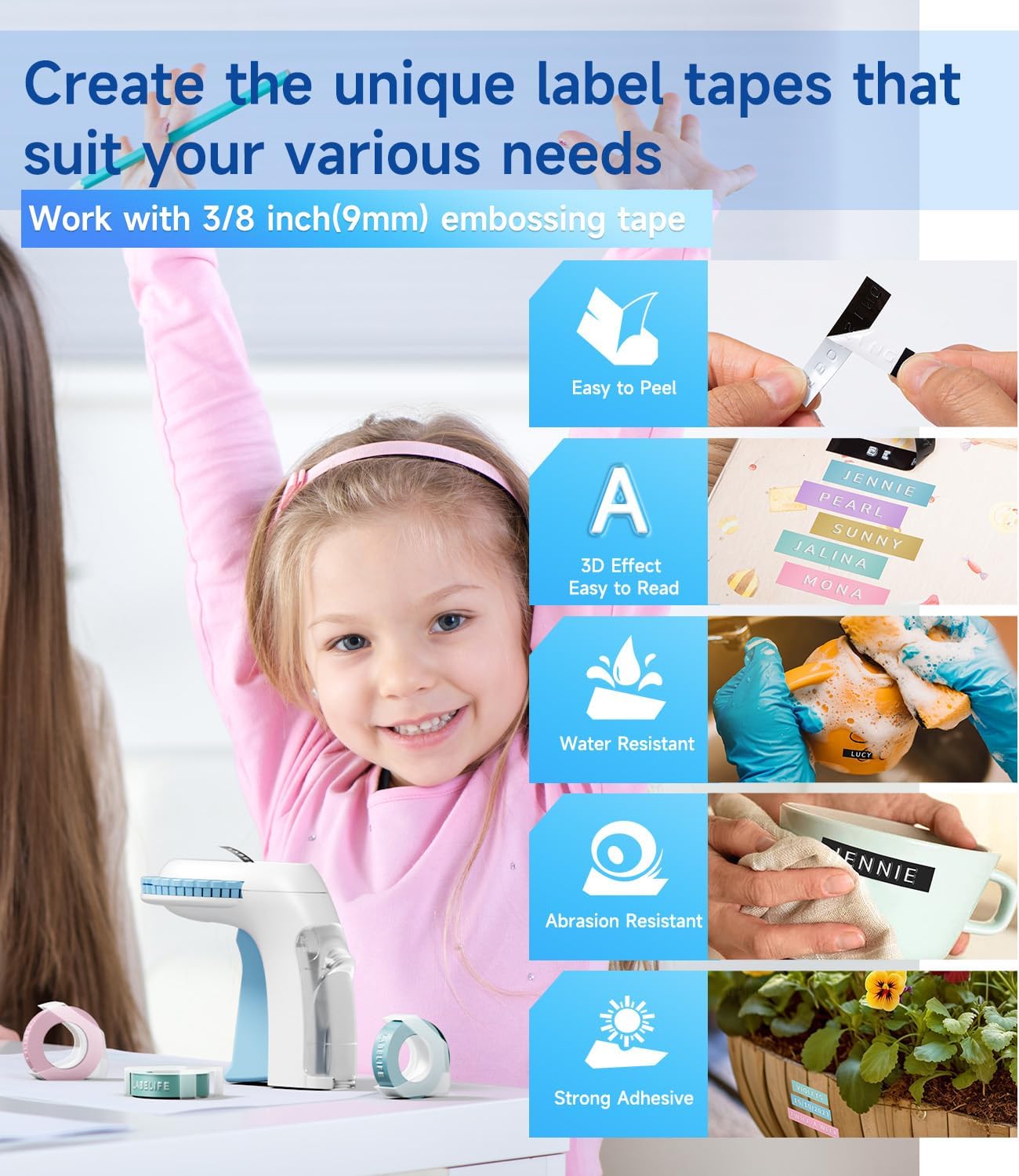 Labelife Embossing Label Maker Machine with Tapes,Omega S Vintage Embossed Label Maker,Retro Embossing Machine with 3 Rolls 3D Embossing Label Tapes Waterproof for Home Office Kids DIY Crafting, Blue