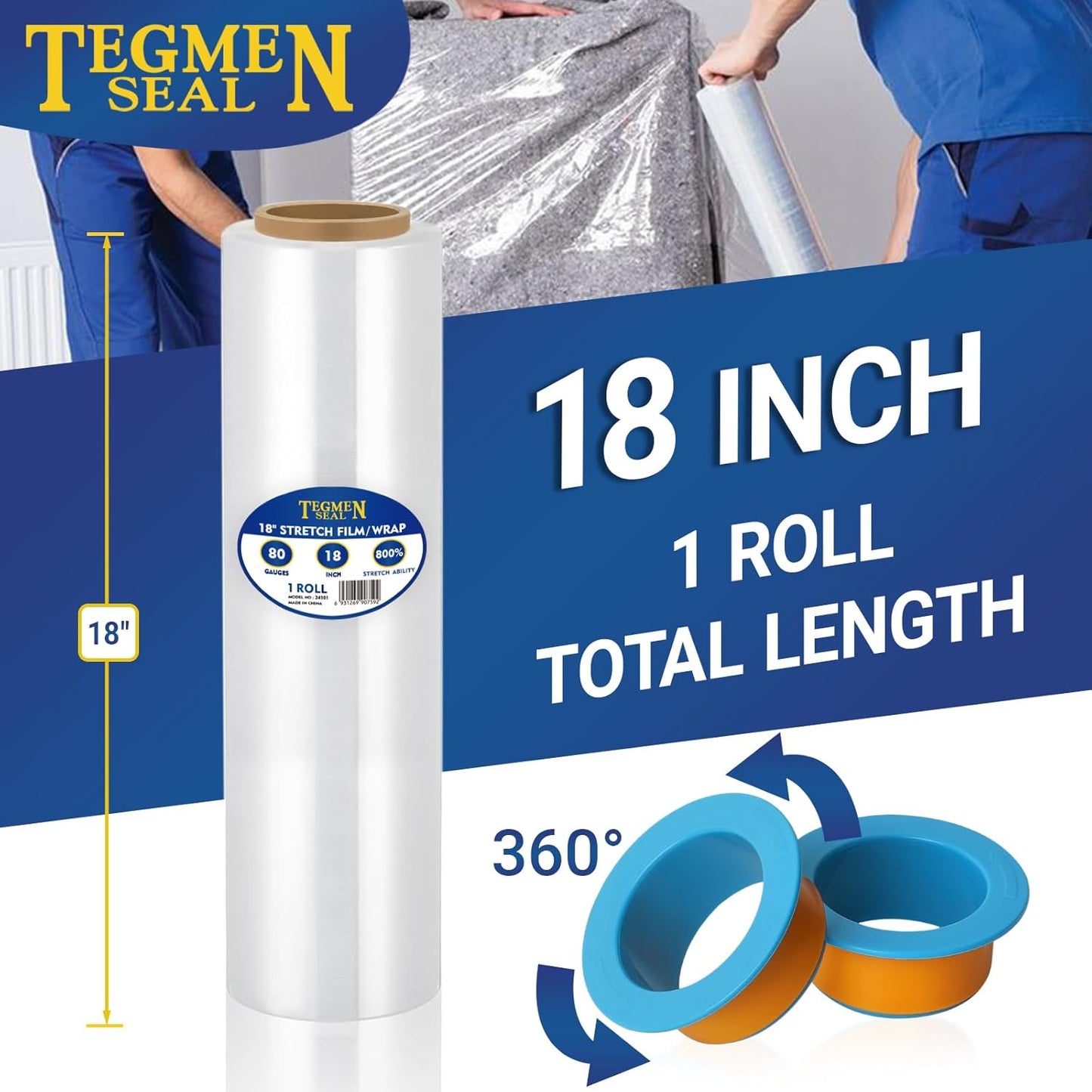 1-Pack 18" Stretch Wrap Rolls - 80 Gauge Industrial Strength Clear Film, 1200ft Length with Plastic Handle Option - Heavy Duty Self-Adhering for Moving, Shipping, Pallet Packing