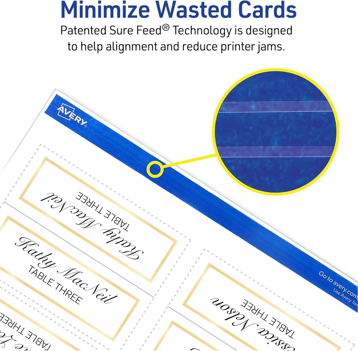 Avery Printable Place Cards with Sure Feed Technology, 1-7/16" x 3-3/4", White with Gold Border, 150 Blank Tent Cards for Laser or Inkjet Printers (35701)