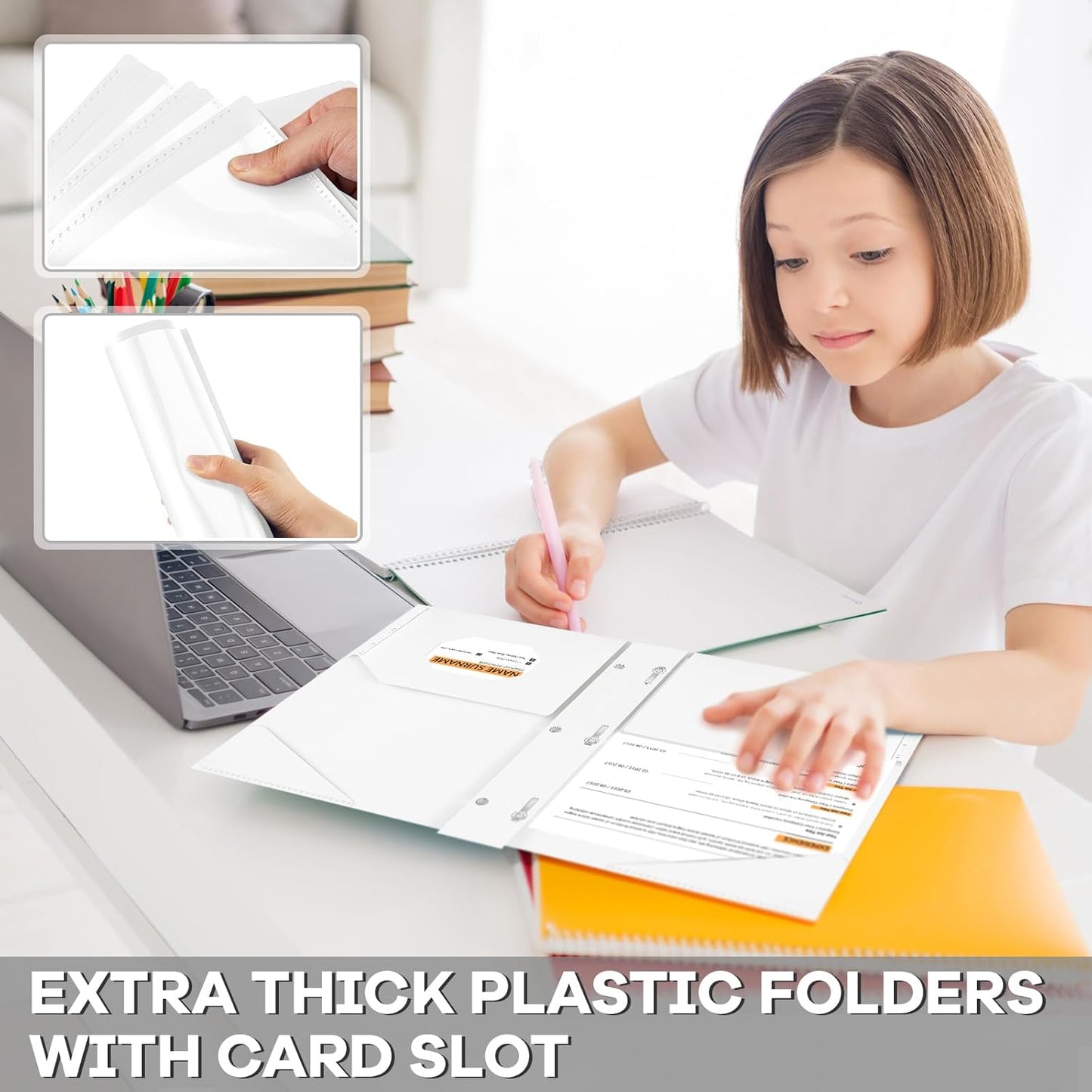 Henoyso 36 Pcs Plastic Folder with Clear Front Pocket and 3 Prong Plastic Folders with Card Slot Pocket Folders with Prongs for School Office (White)