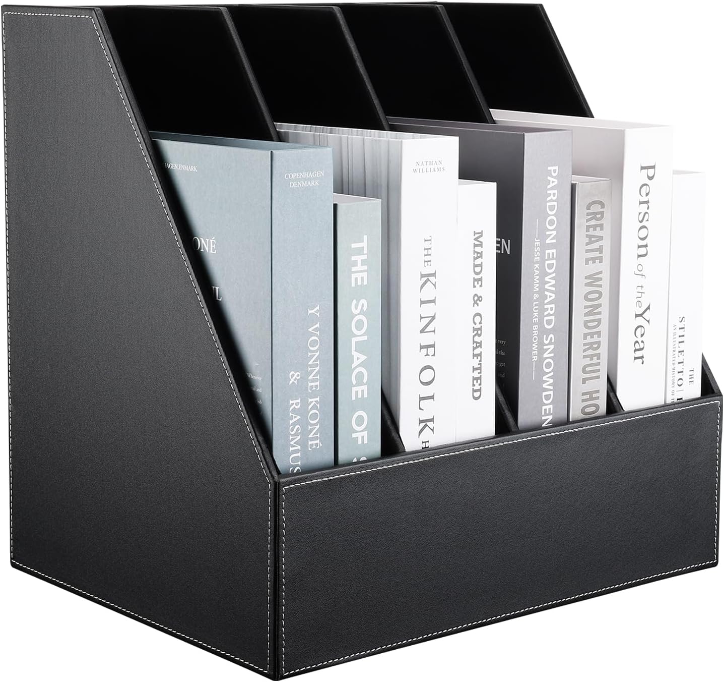 KINGFOM 4-Slot Wood Leather Document Files Holder Rack Stand Desk Files Organizer Papers Collection Cabinet (4 slot Black)