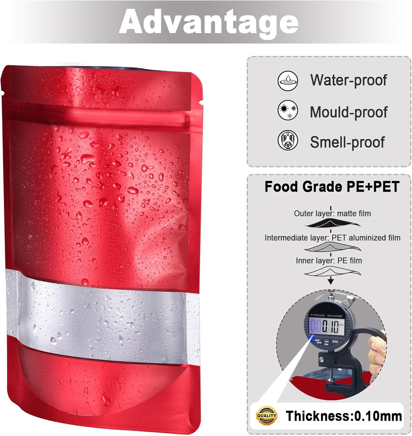 5.9"x8.6" 120pcs Mylar Bags for Food Storage,Smell Proof Bag with Matte Window Resealable Food Storage Bags for Small Business, Stand-up Foil Pouch Packaging Freeze Dried Candy Bag（Red）